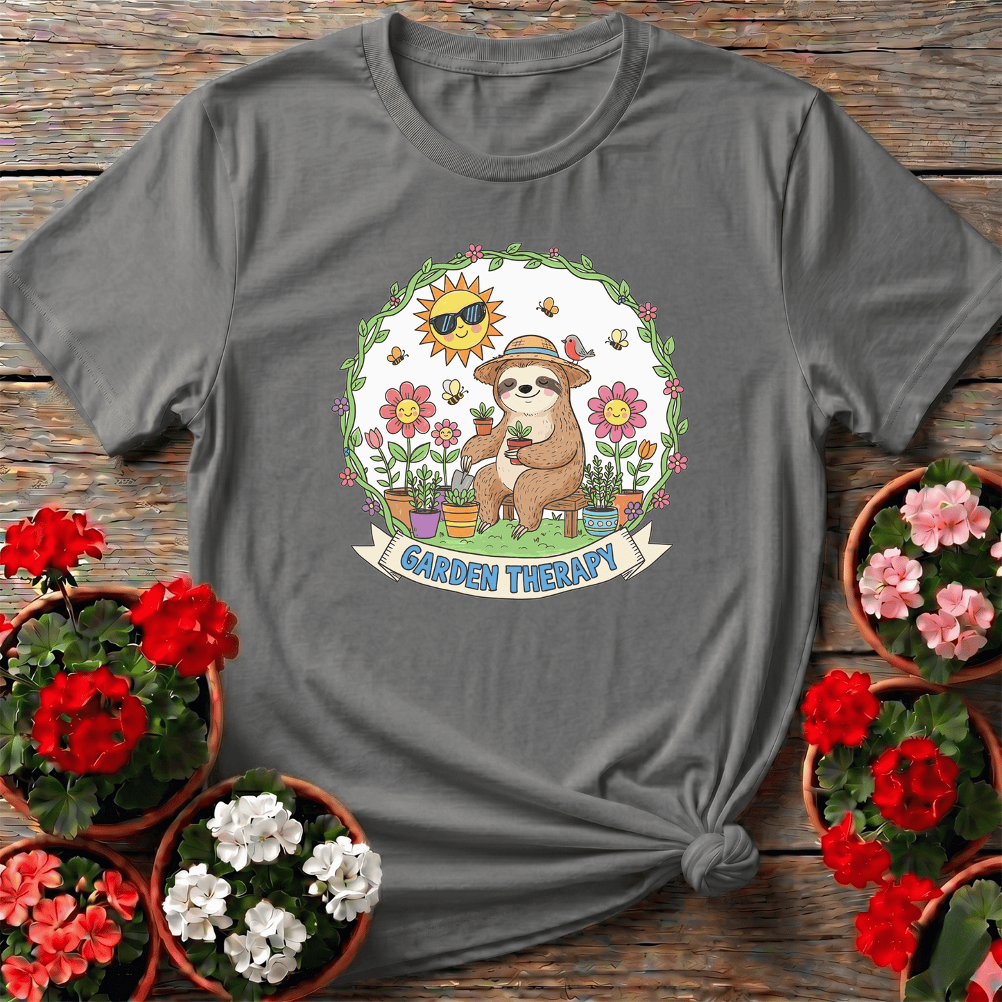 Garden Therapy Cute Sloth Gardener T-shirt - GardeningTshirts