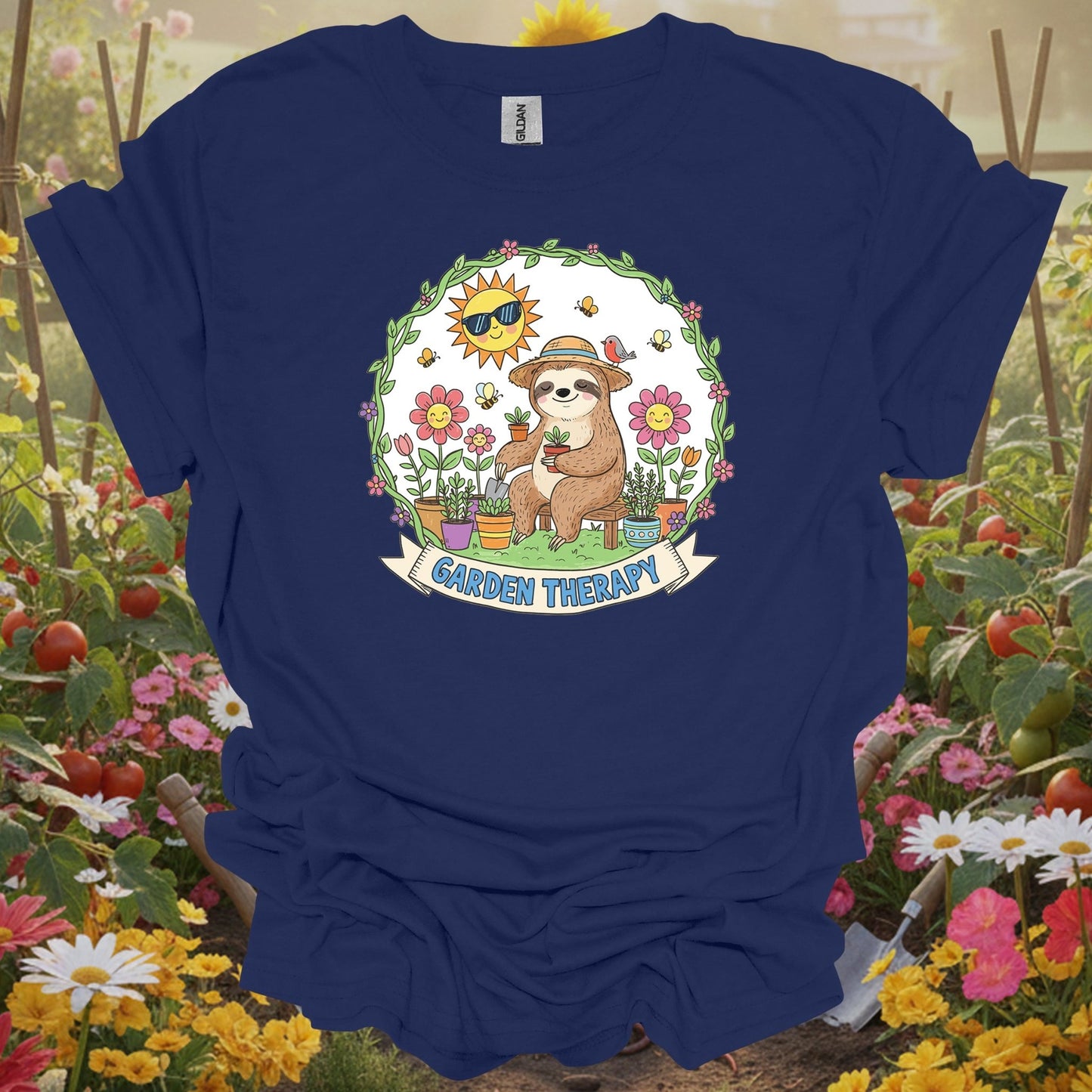 Navy shirt showing garden therapy cute sloth gardener for home gardeners