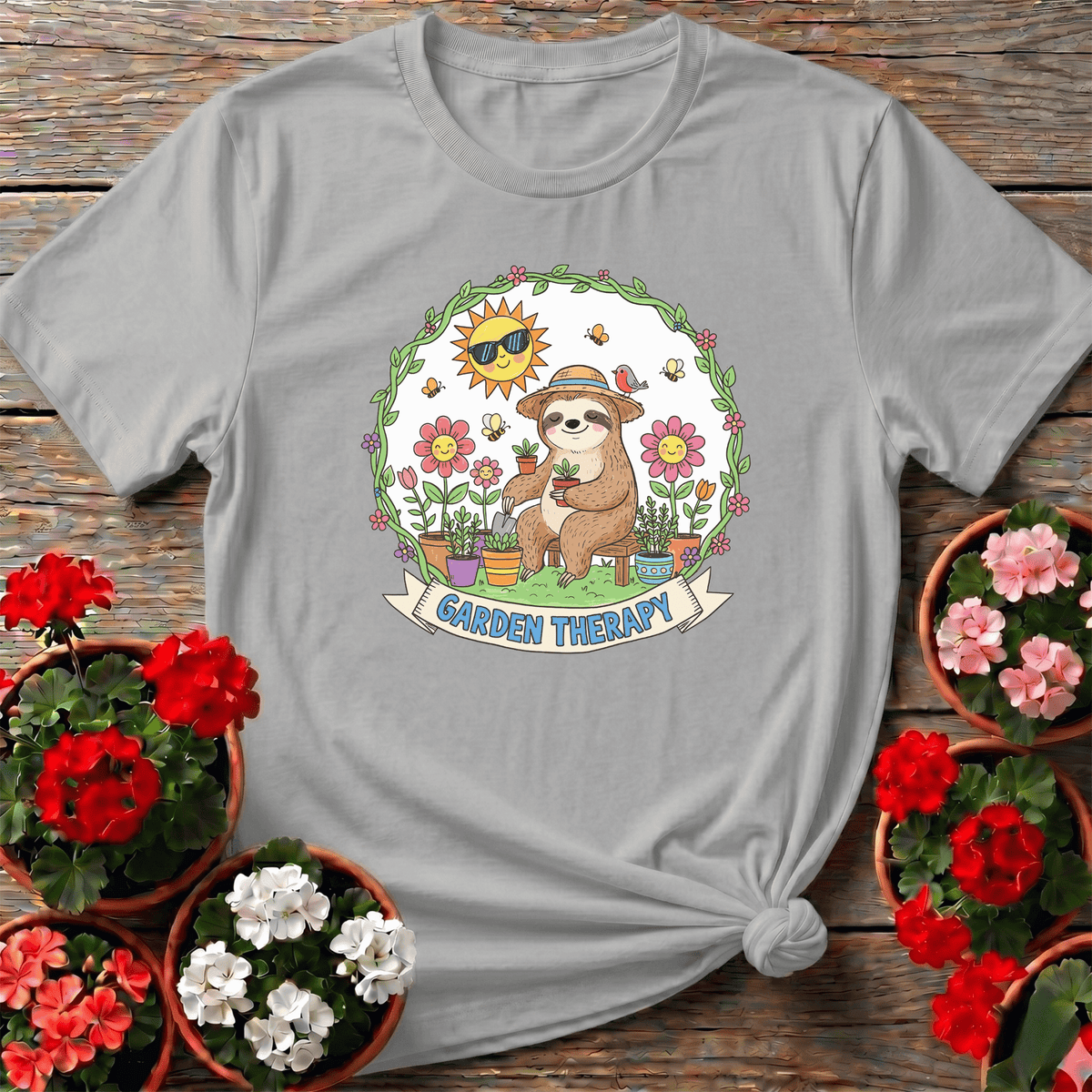Garden Therapy Cute Sloth Gardener T-shirt - GardeningTshirts