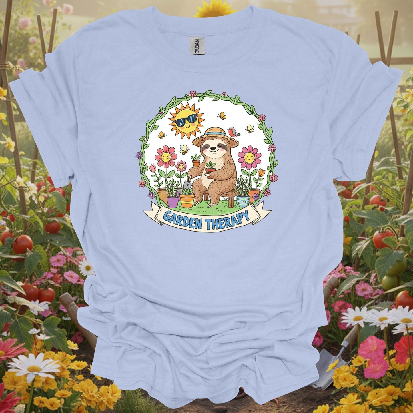 Light Blue tee showing garden therapy cute sloth gardener for plant lovers