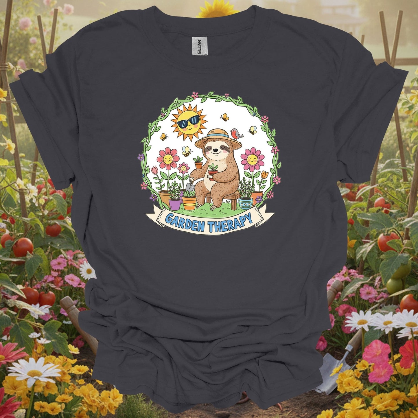 Charcoal tshirt showing garden therapy cute sloth gardener for gardening enthusiasts