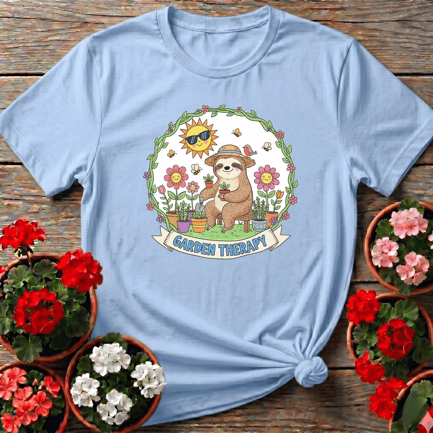 Garden Therapy Cute Sloth Gardener T-shirt - GardeningTshirts