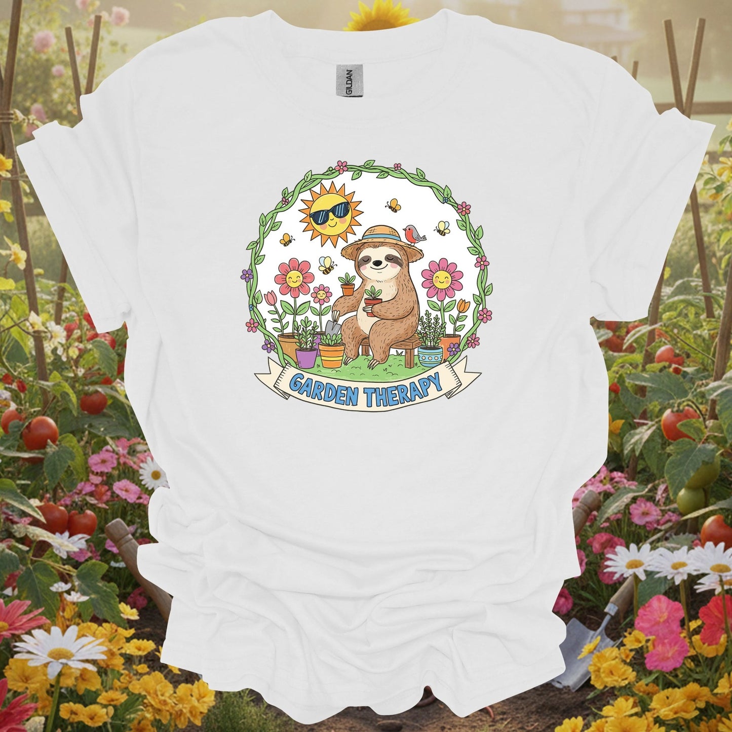 White tee showing garden therapy cute sloth gardener for garden hobbyists