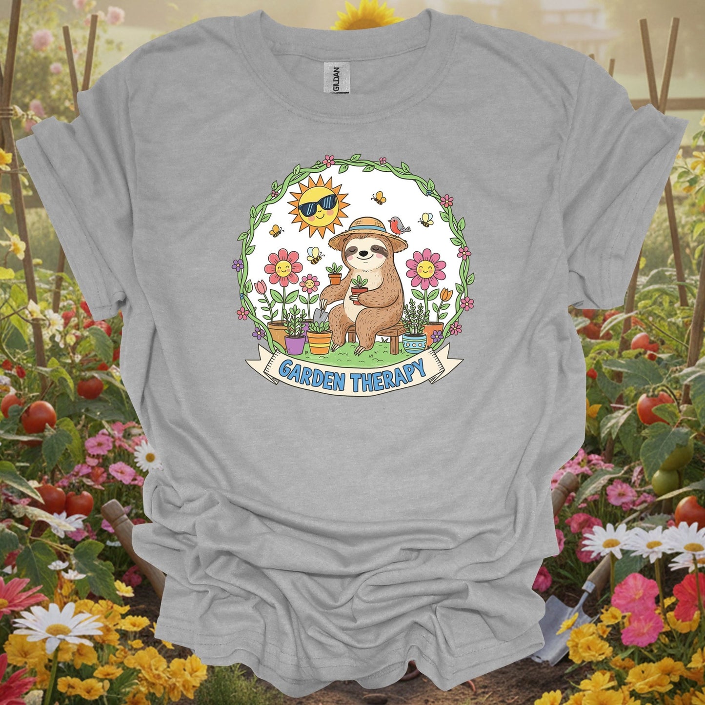 Sport Grey tshirt showing garden therapy cute sloth gardener for backyard growers
