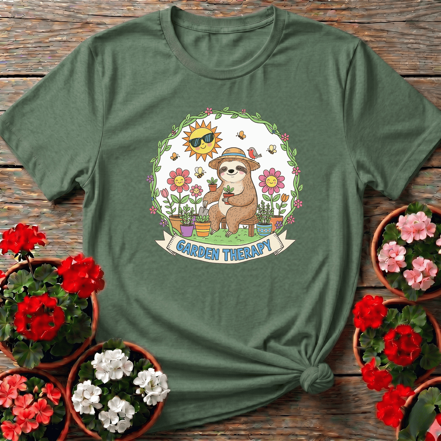 Garden Therapy Cute Sloth Gardener T-shirt - GardeningTshirts