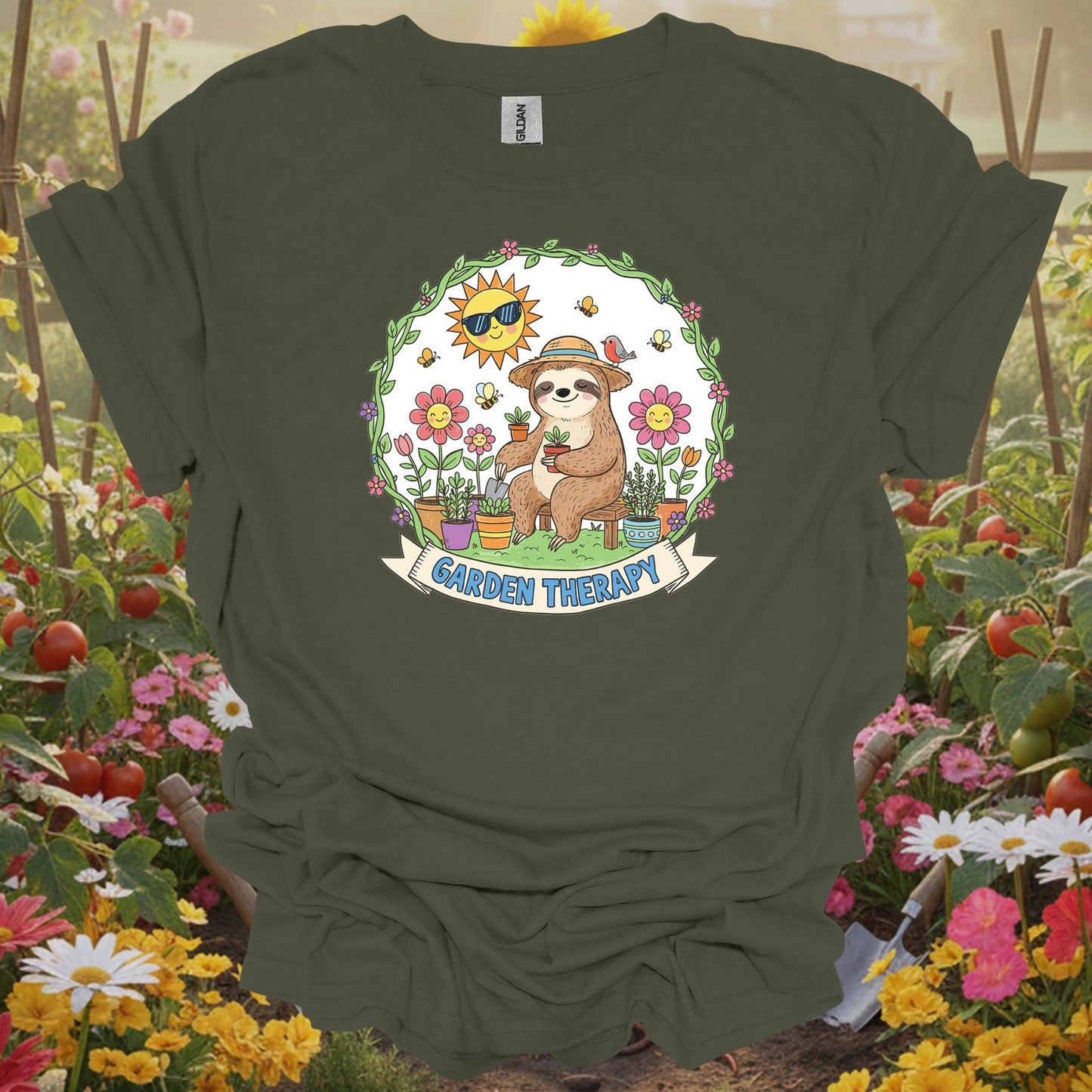 Military Green top showing garden therapy cute sloth gardener for nature lovers