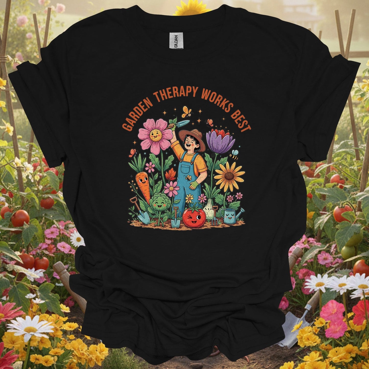 "Garden Therapy Works Best" Cheerful Cartoon T-Shirt - GardeningTshirts