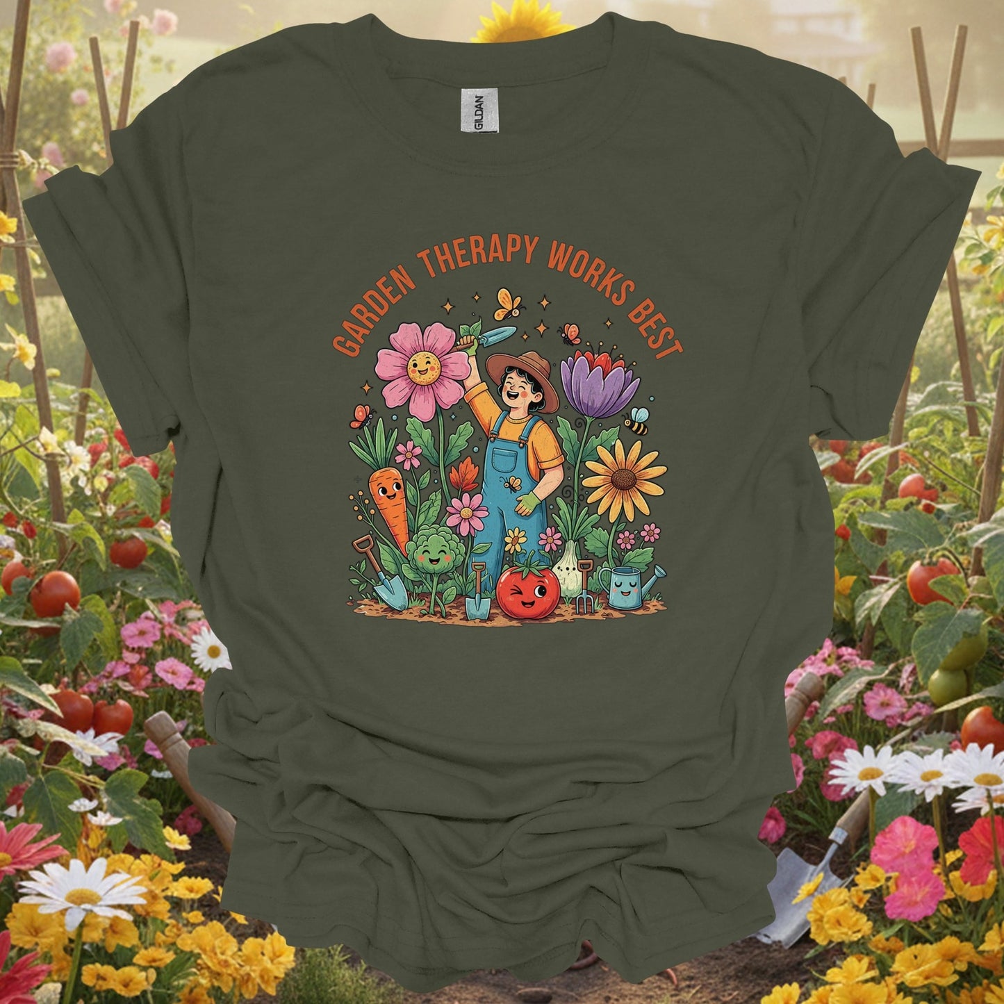 "Garden Therapy Works Best" Cheerful Cartoon T-Shirt - GardeningTshirts
