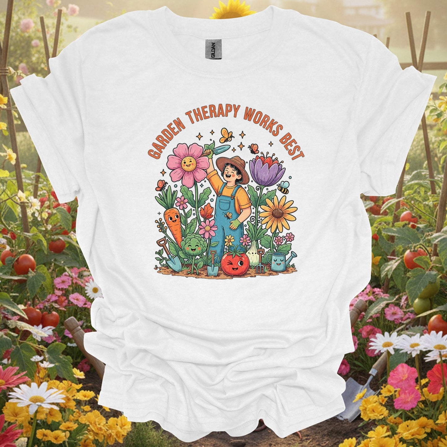 "Garden Therapy Works Best" Cheerful Cartoon T-Shirt - GardeningTshirts
