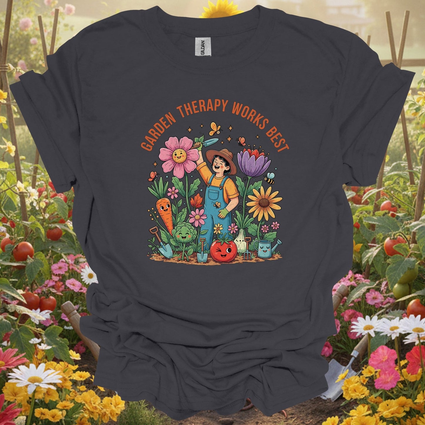 "Garden Therapy Works Best" Cheerful Cartoon T-Shirt - GardeningTshirts