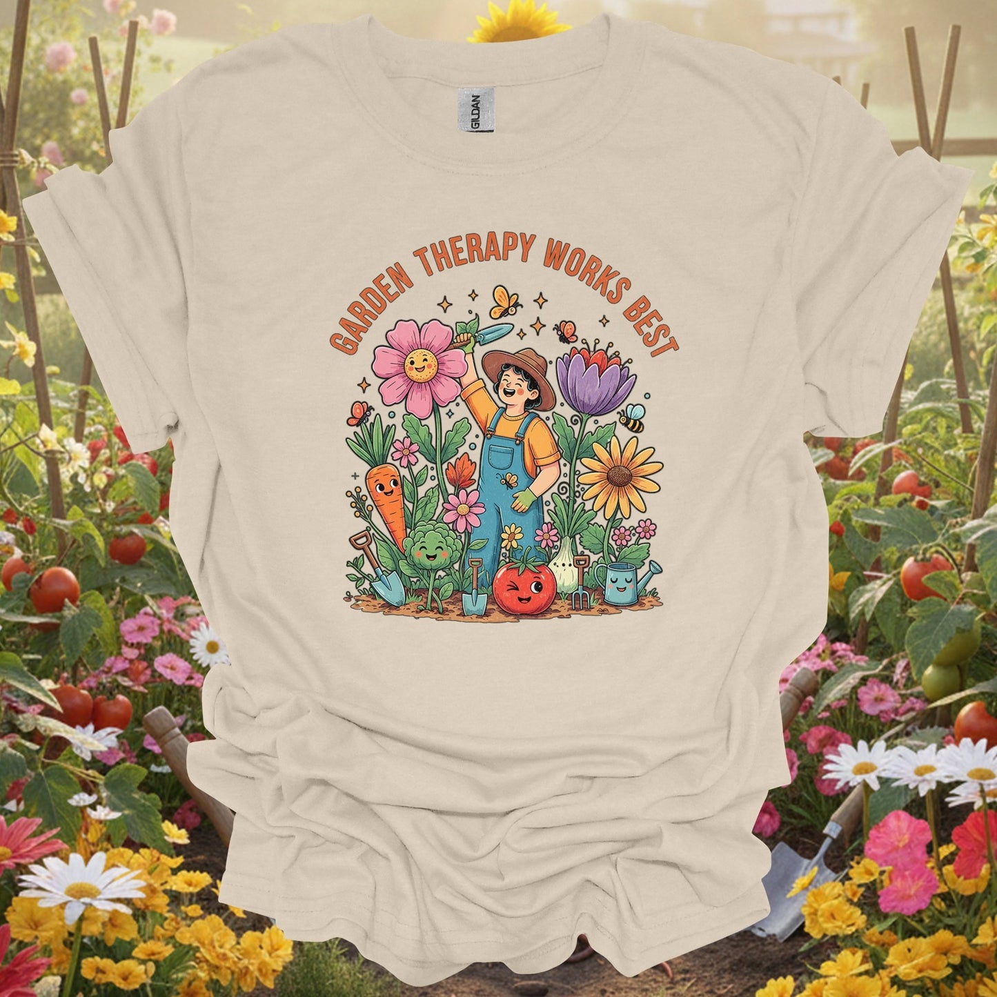 "Garden Therapy Works Best" Cheerful Cartoon T-Shirt - GardeningTshirts