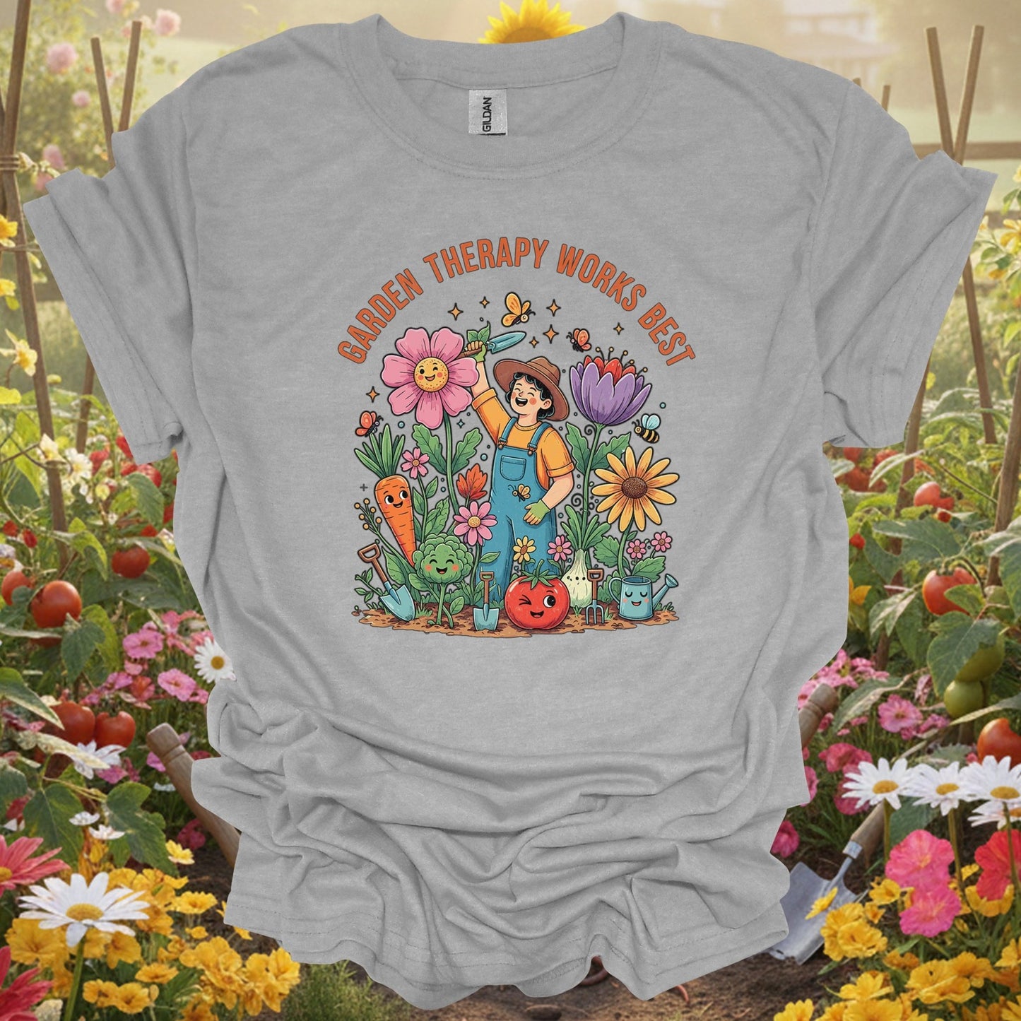 "Garden Therapy Works Best" Cheerful Cartoon T-Shirt - GardeningTshirts
