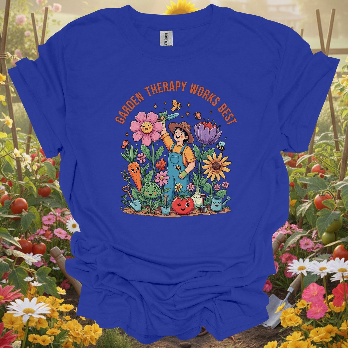 "Garden Therapy Works Best" Cheerful Cartoon T-Shirt - GardeningTshirts