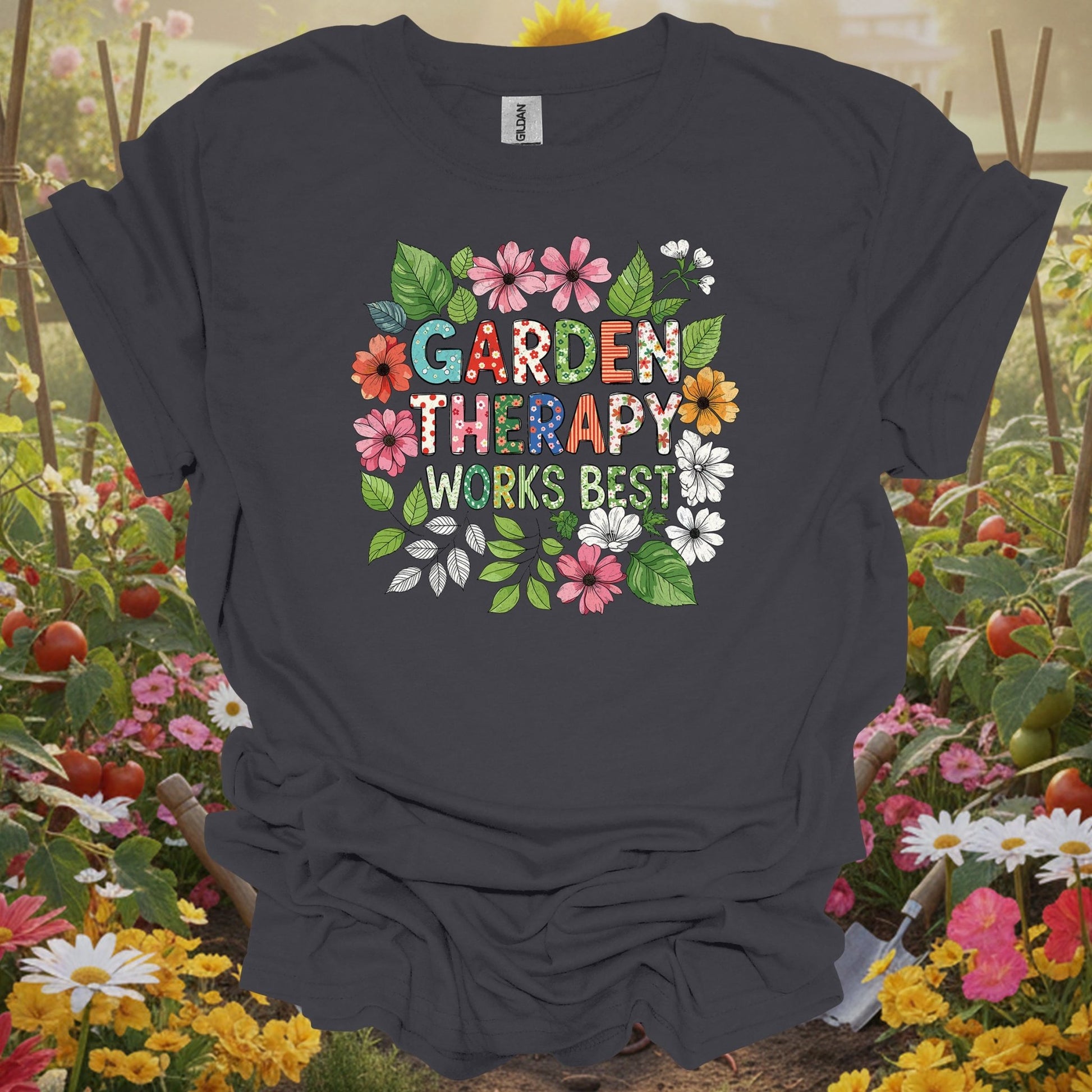 Charcoal tshirt showing garden therapy works best cheerful flower doodle for gardening enthusiasts