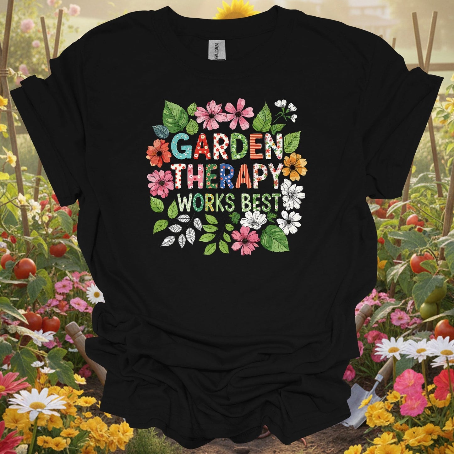 Black shirt showing garden therapy works best cheerful flower doodle for outdoor enthusiasts
