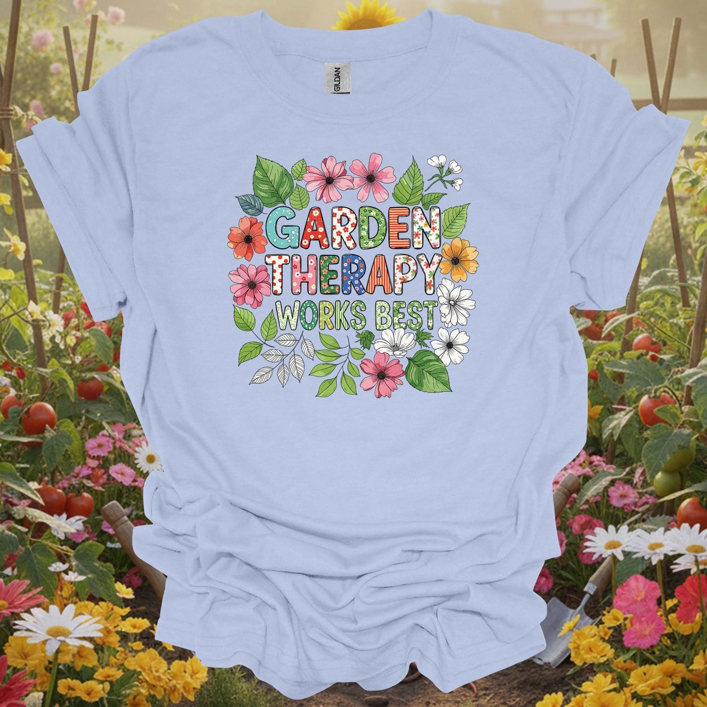 Light Blue tee showing garden therapy works best cheerful flower doodle for plant lovers