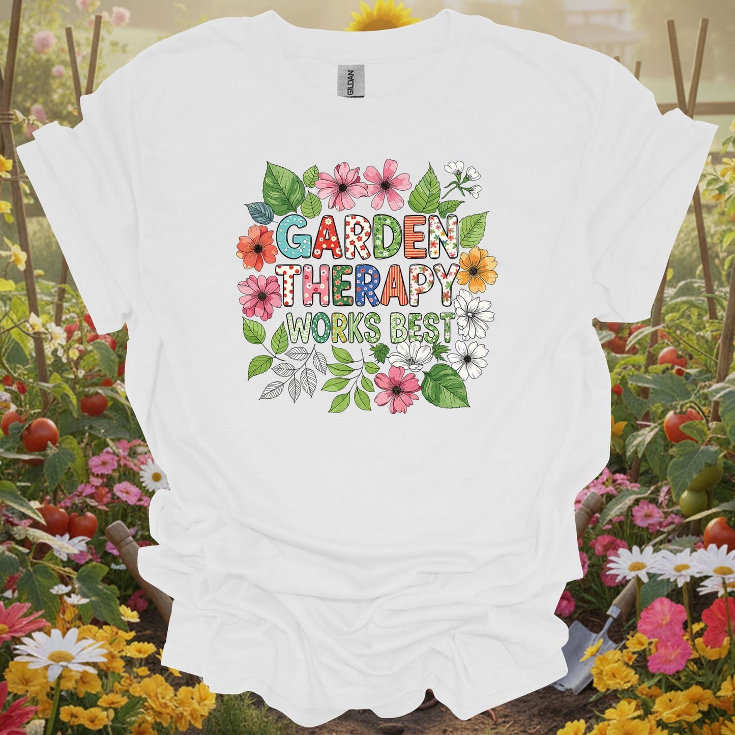White tee showing garden therapy works best cheerful flower doodle for garden hobbyists