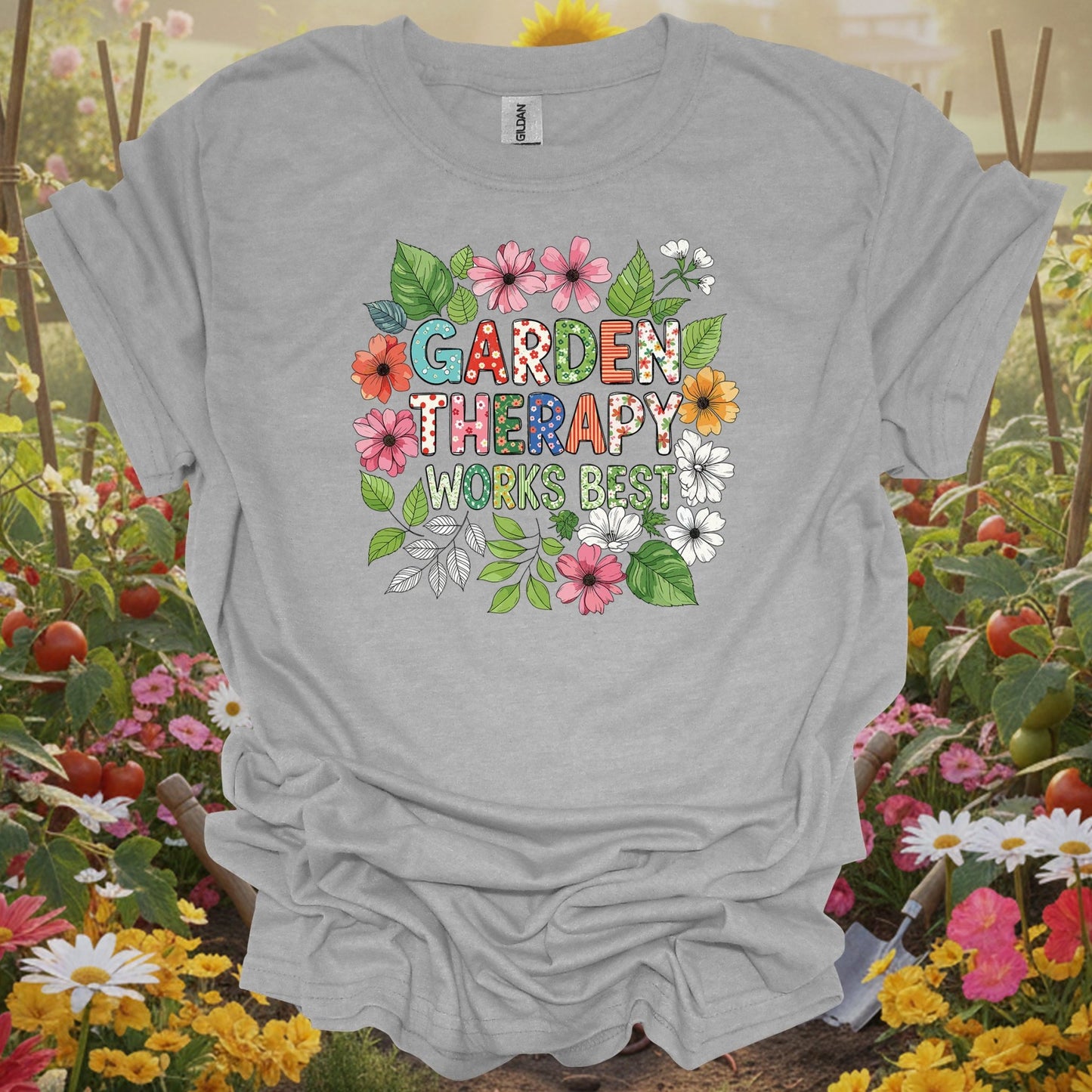 Sport Grey tshirt showing garden therapy works best cheerful flower doodle for backyard growers