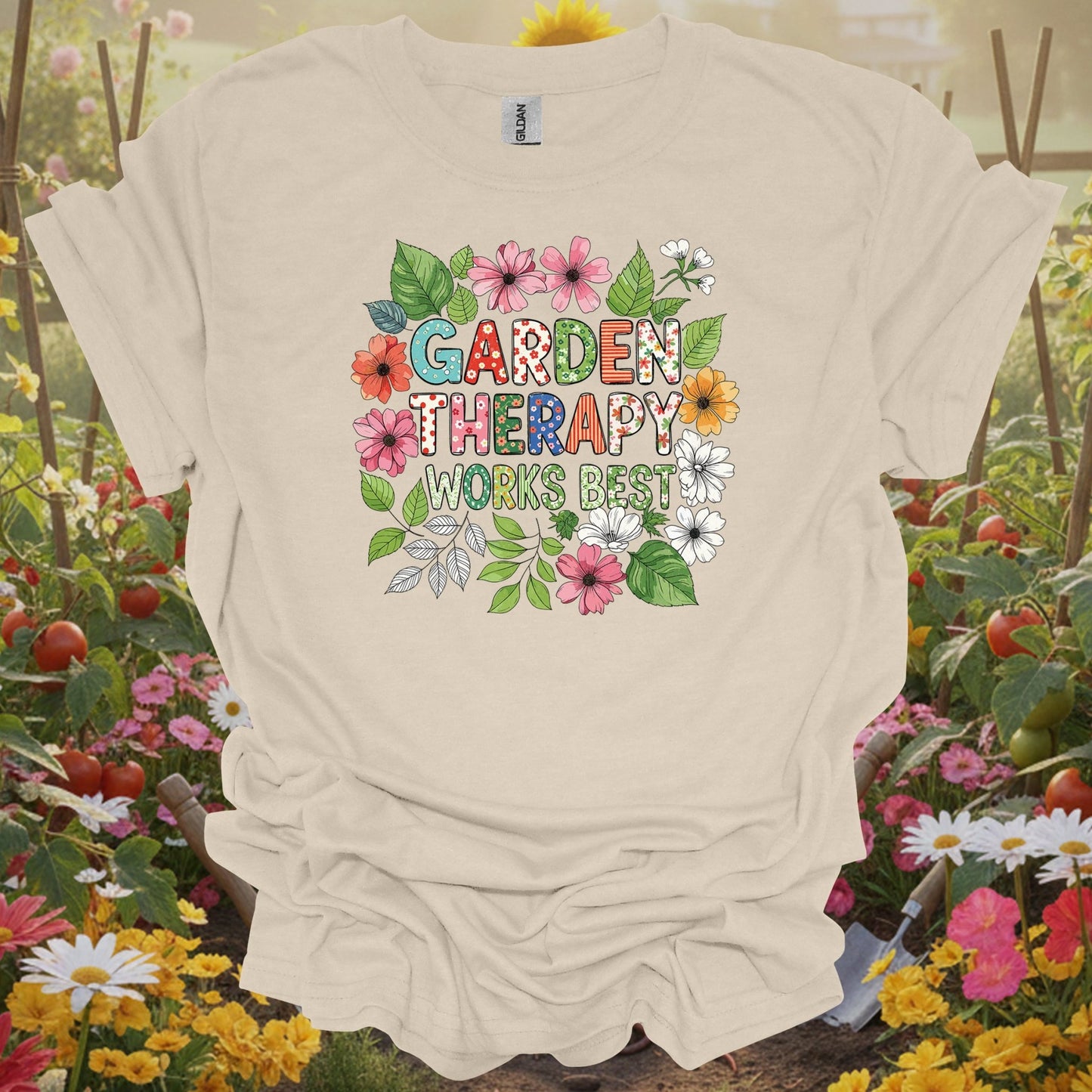 Natural tshirt showing garden therapy works best cheerful flower doodle for people who love plants