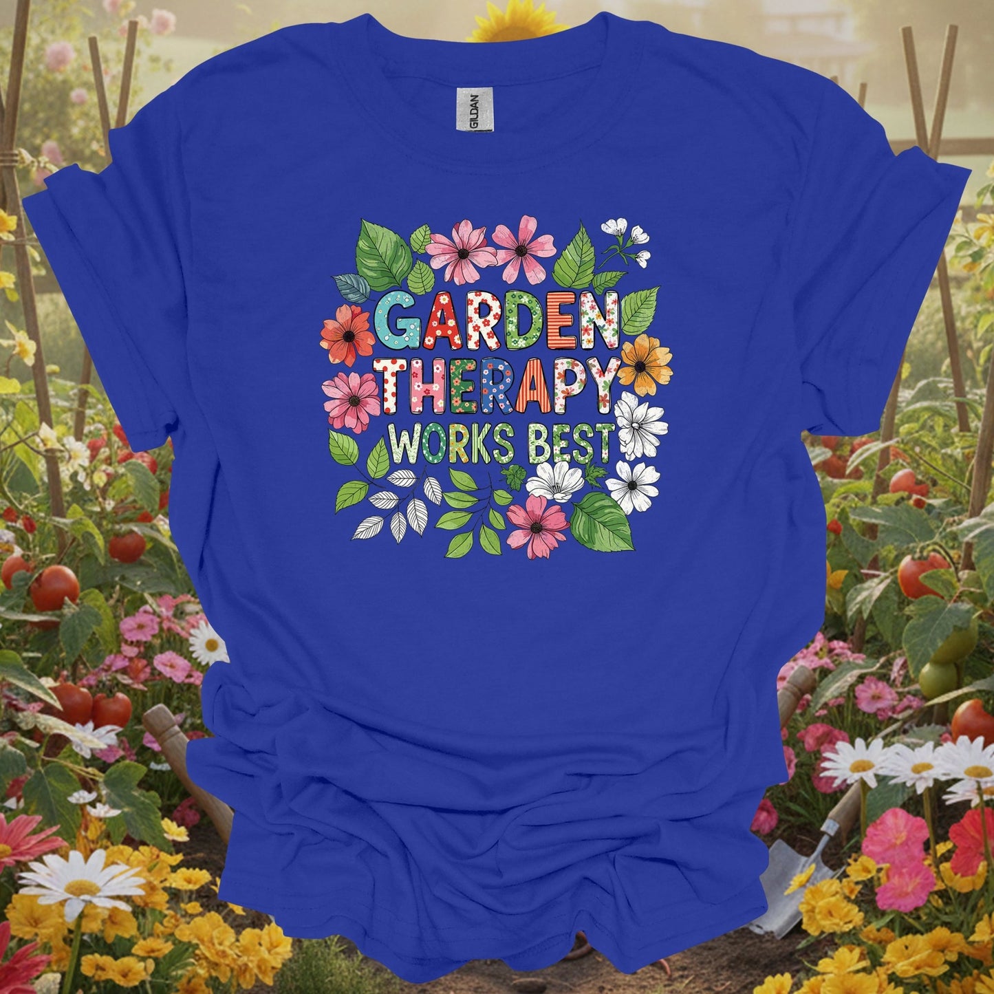 Royal top showing garden therapy works best cheerful flower doodle for green thumb folks