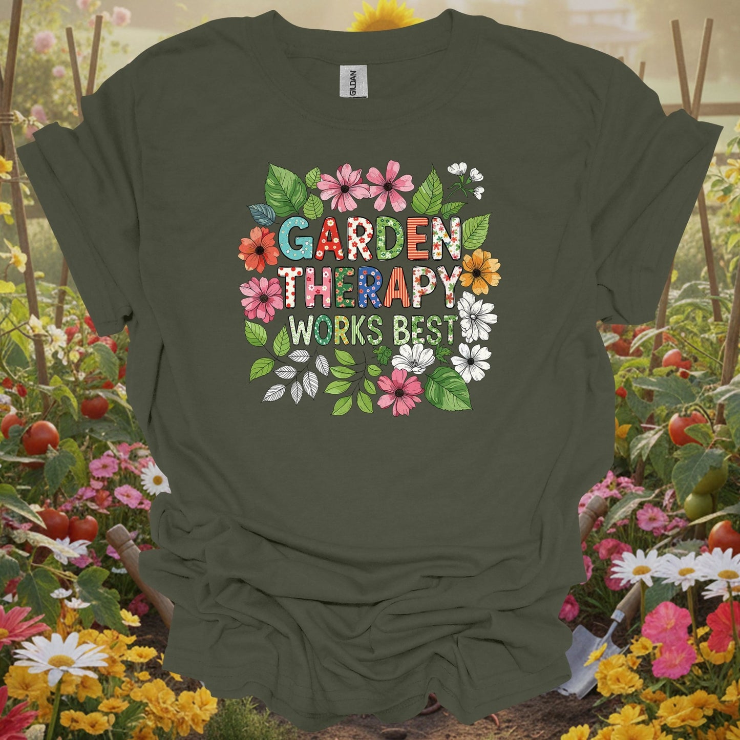 Military Green top showing garden therapy works best cheerful flower doodle for nature lovers