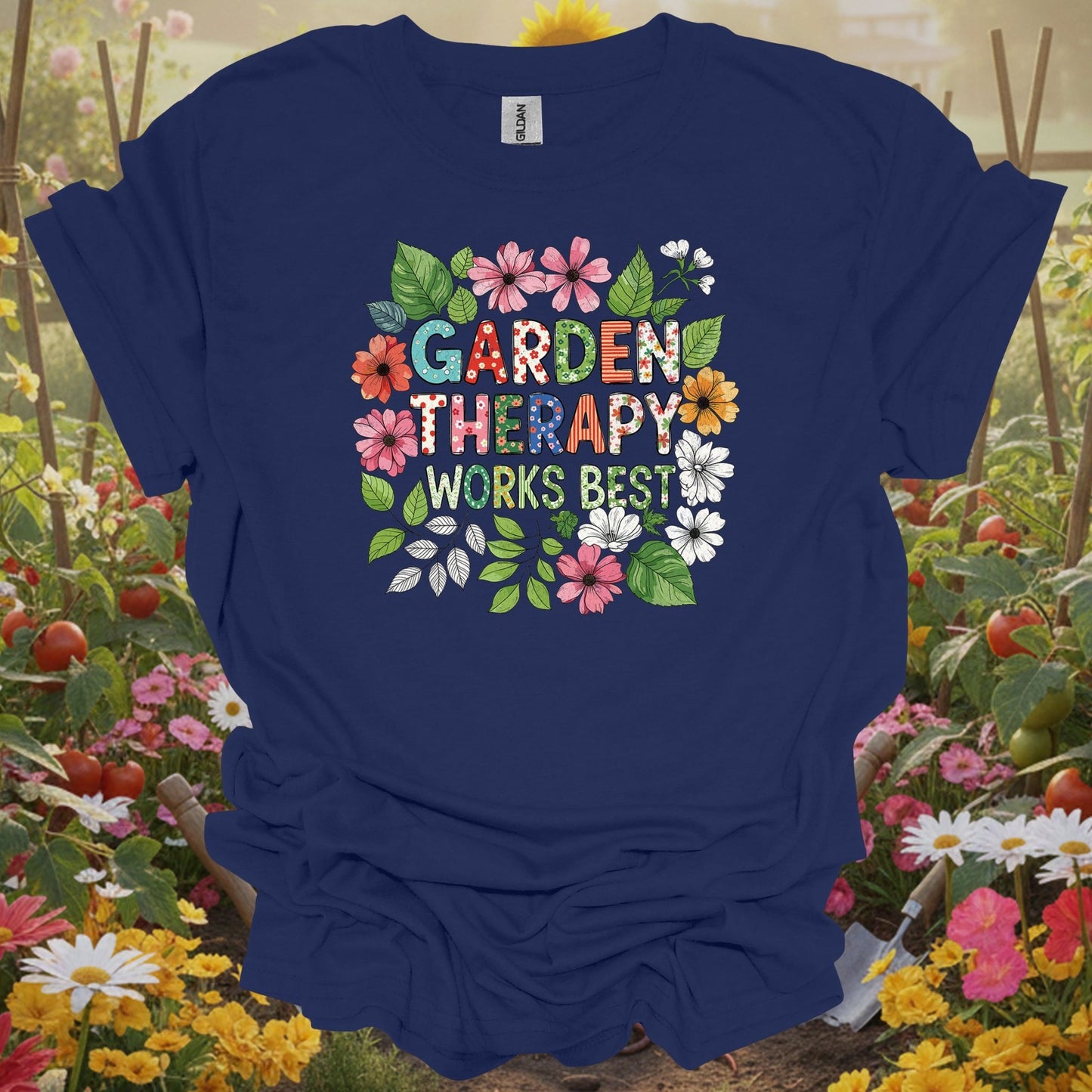 Navy shirt showing garden therapy works best cheerful flower doodle for home gardeners
