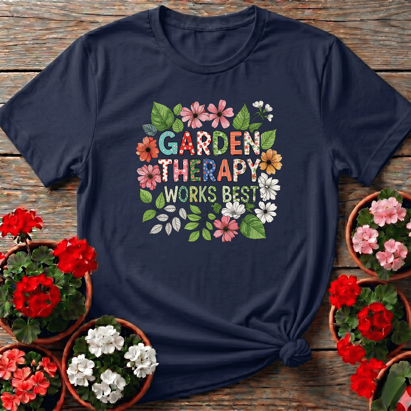 Garden Therapy Works Best Cheerful Flower Doodle Tee - GardeningTshirts