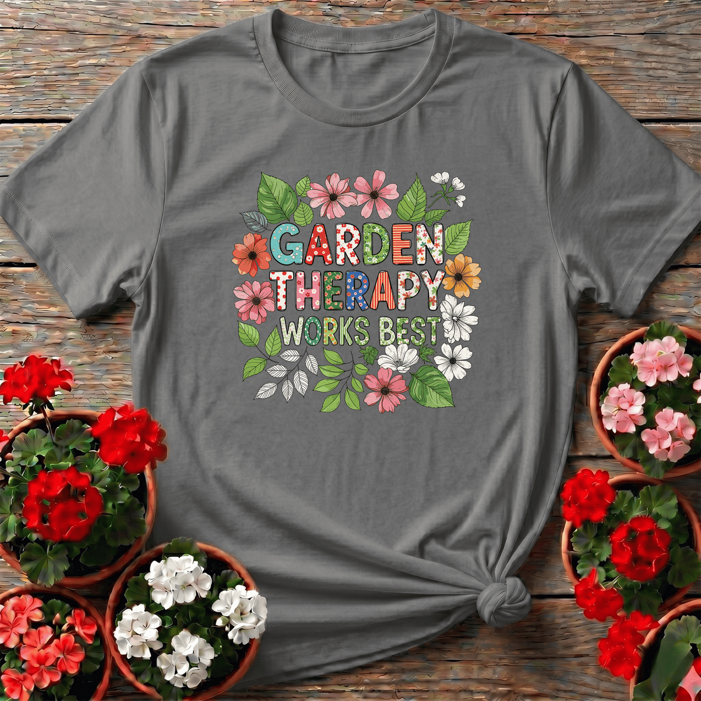 Garden Therapy Works Best Cheerful Flower Doodle Tee - GardeningTshirts