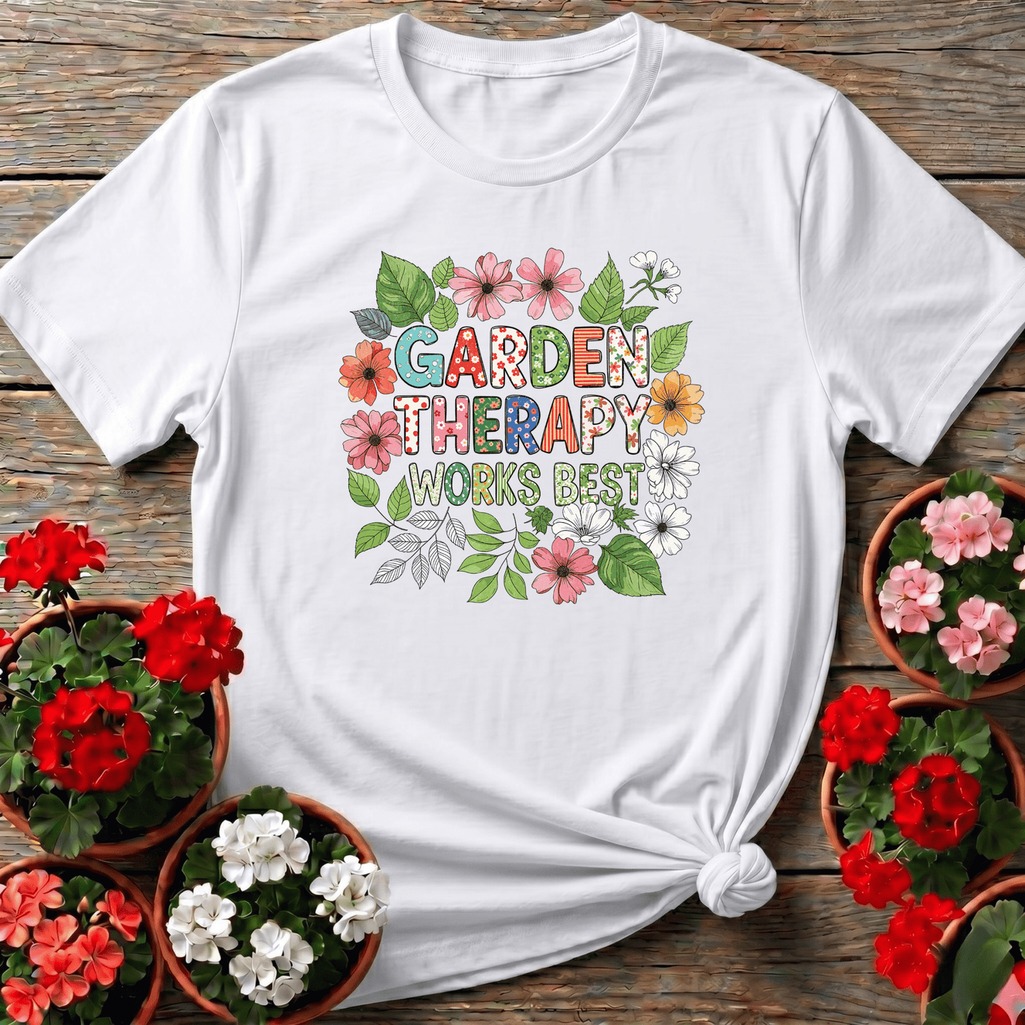 Garden Therapy Works Best Cheerful Flower Doodle Tee - GardeningTshirts