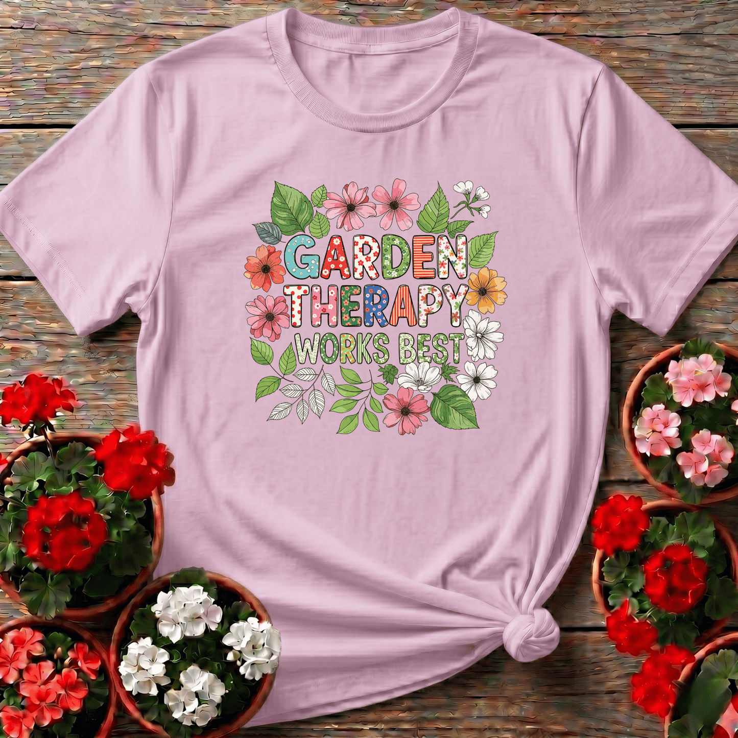 Garden Therapy Works Best Cheerful Flower Doodle Tee - GardeningTshirts