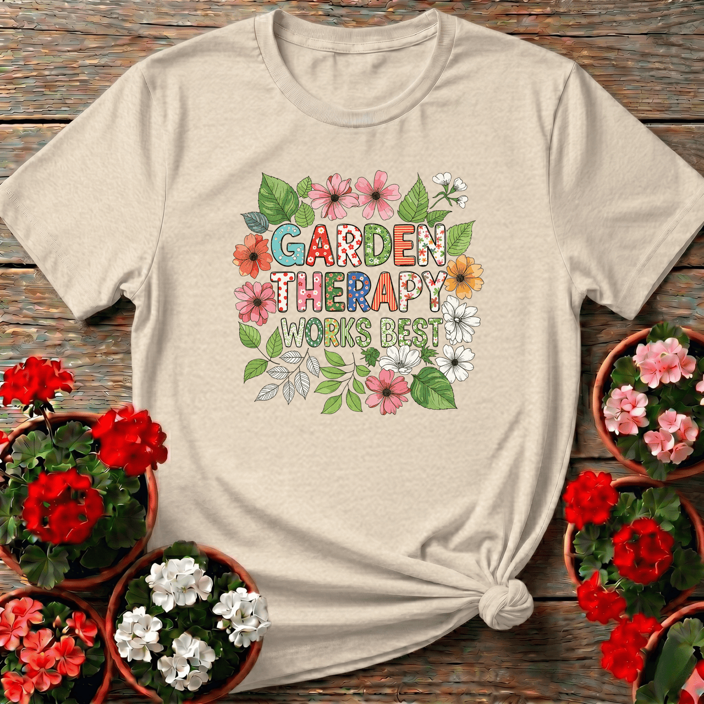 Garden Therapy Works Best Cheerful Flower Doodle Tee - GardeningTshirts