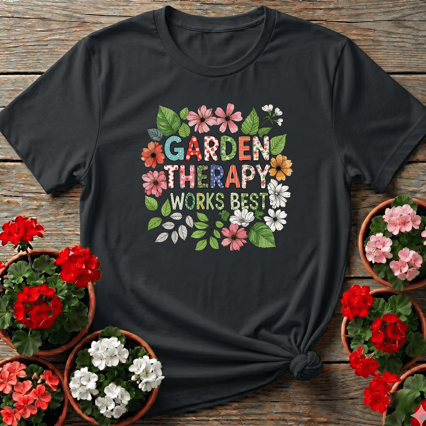 Garden Therapy Works Best Cheerful Flower Doodle Tee - GardeningTshirts