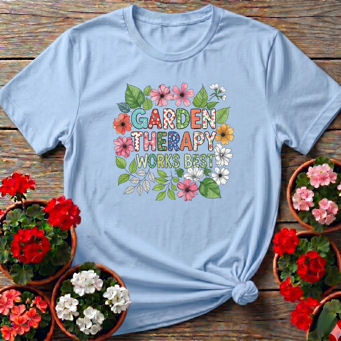 Garden Therapy Works Best Cheerful Flower Doodle Tee - GardeningTshirts