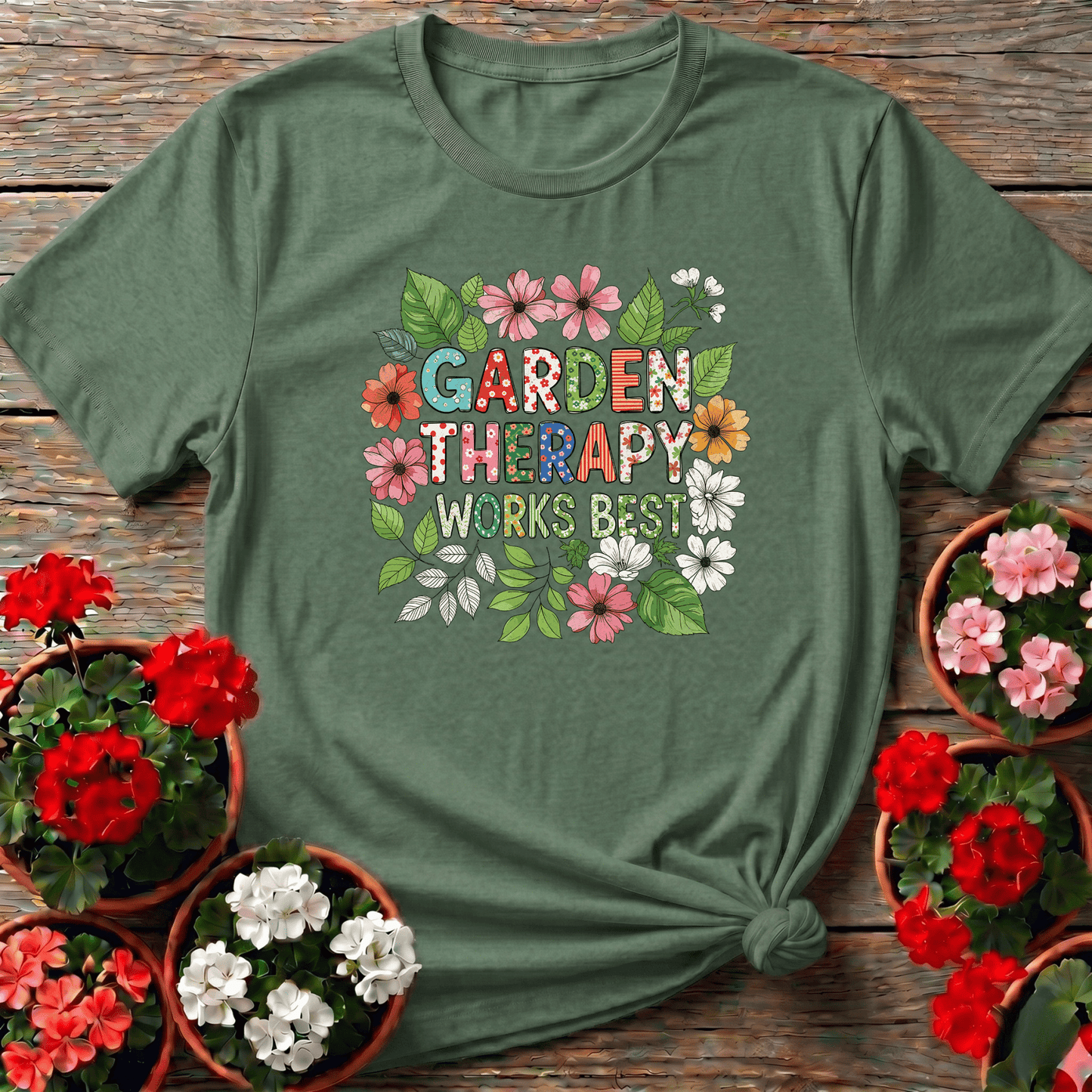 Garden Therapy Works Best Cheerful Flower Doodle Tee - GardeningTshirts
