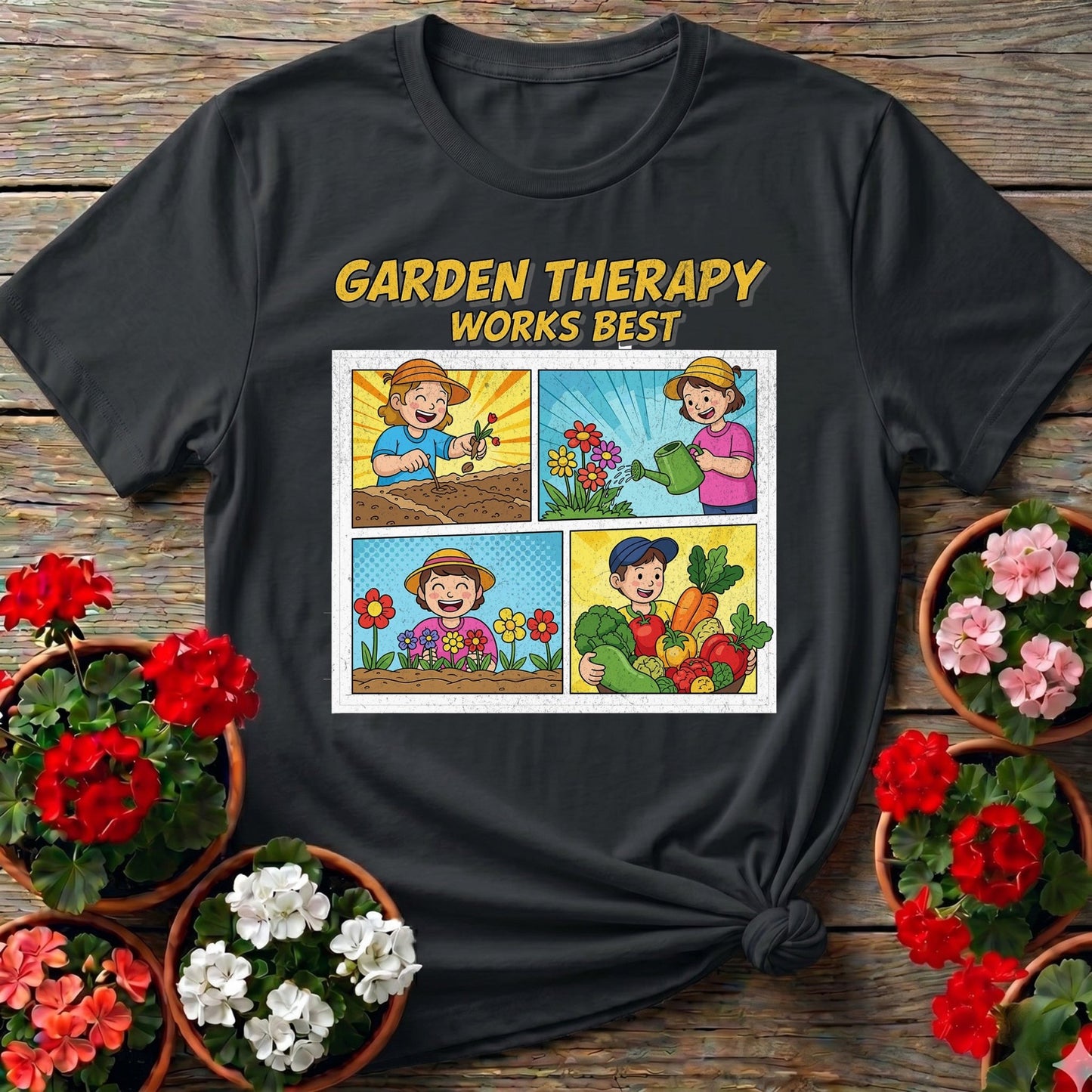 Garden Therapy Works Best Comic Panel Tee - GardeningTshirts