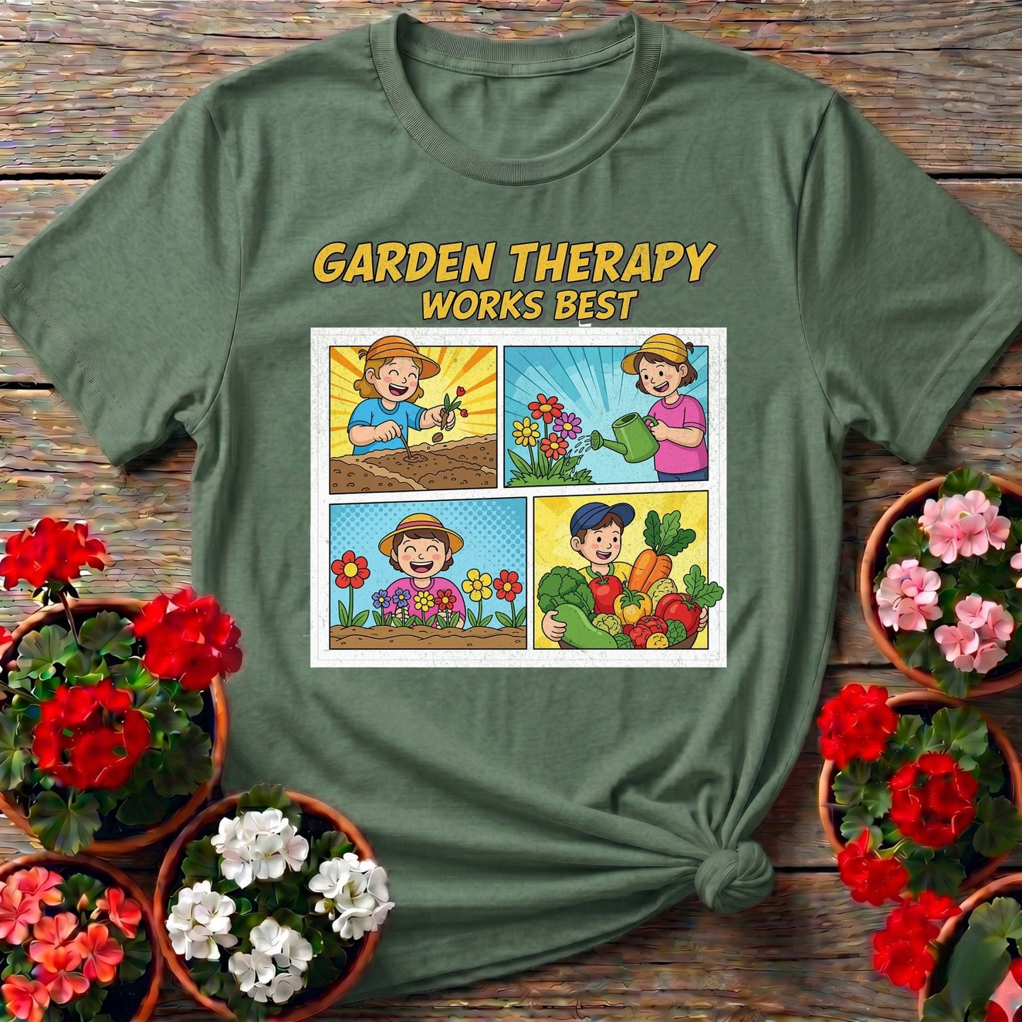 Garden Therapy Works Best Comic Panel Tee - GardeningTshirts
