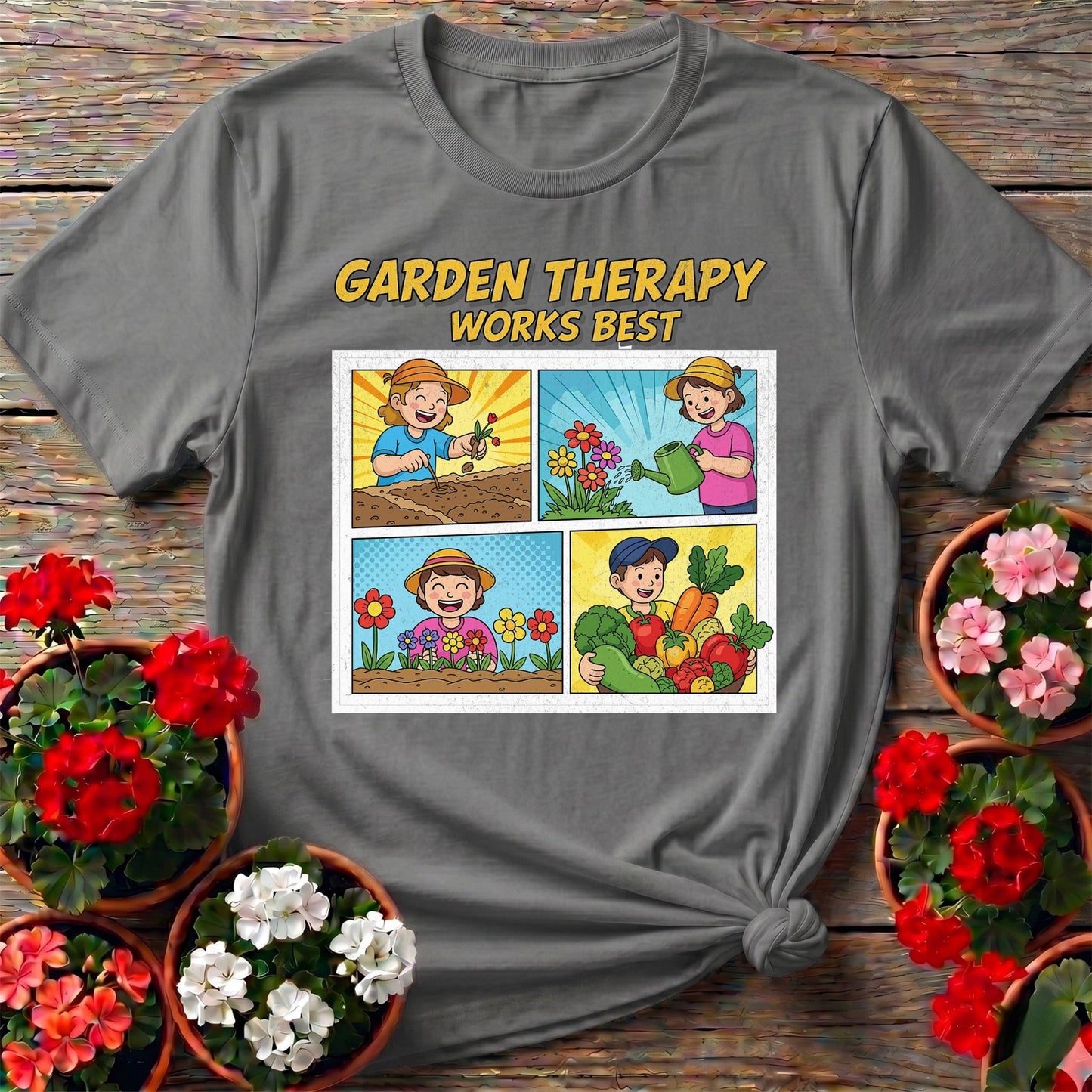 Garden Therapy Works Best Comic Panel Tee - GardeningTshirts
