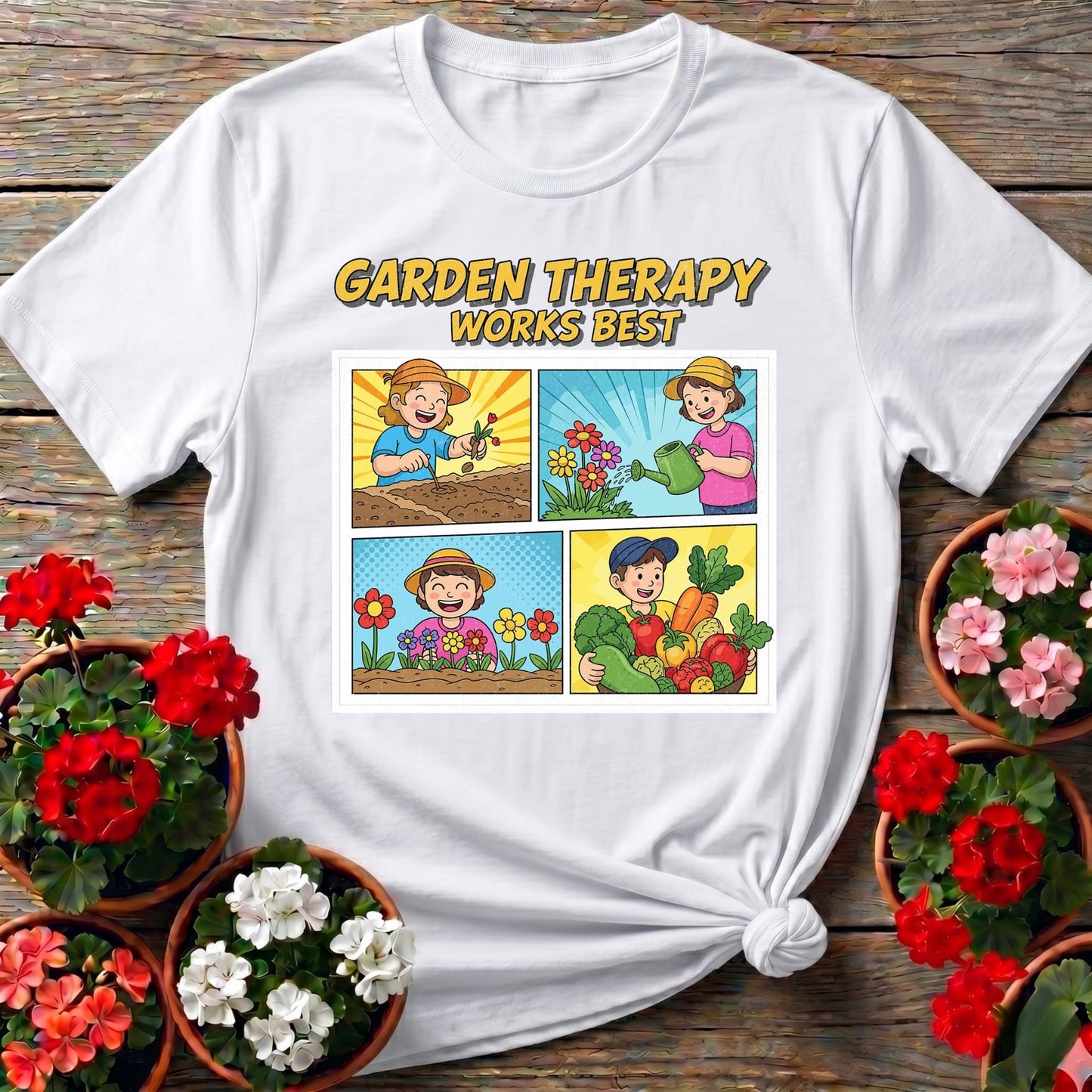 Garden Therapy Works Best Comic Panel Tee - GardeningTshirts