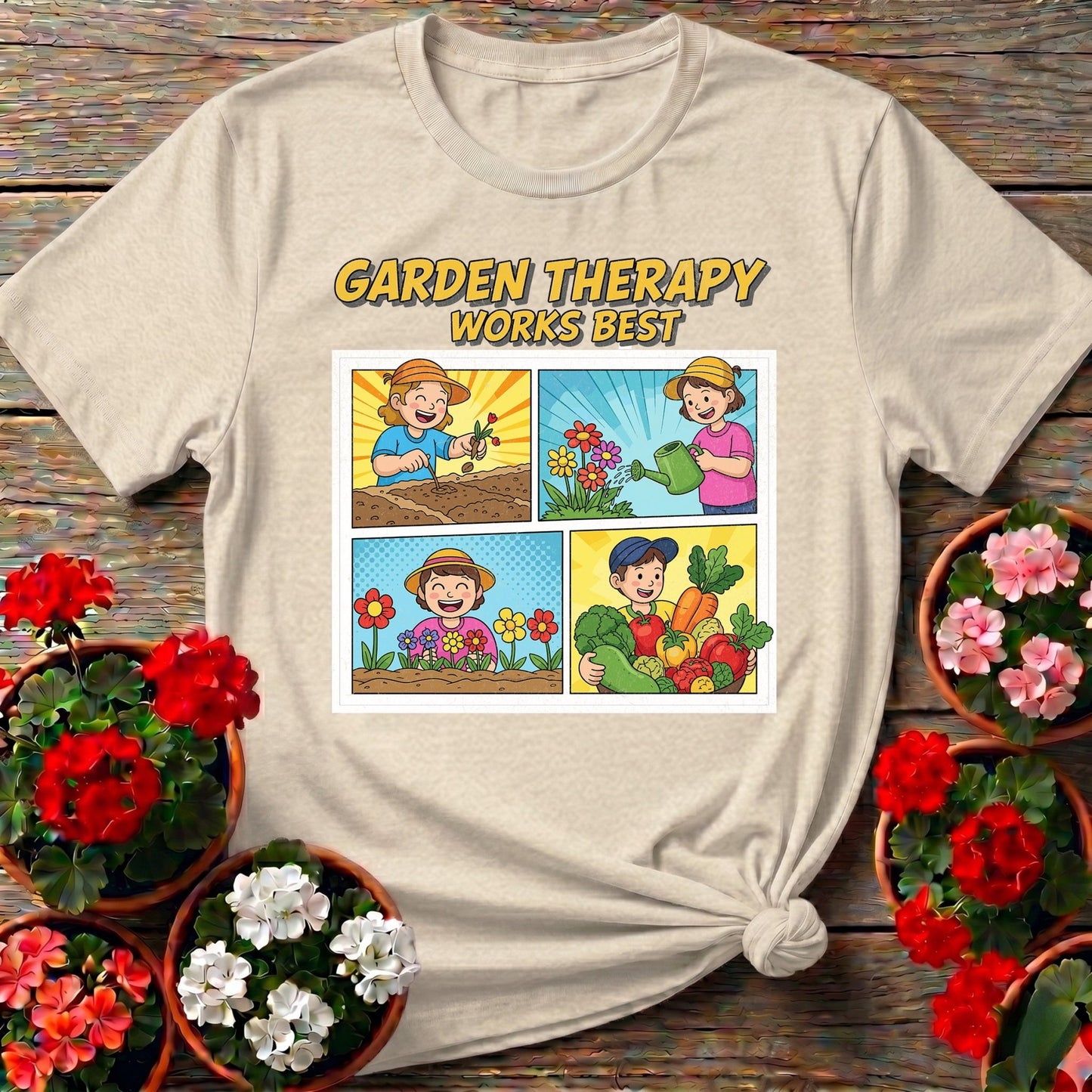 Garden Therapy Works Best Comic Panel Tee - GardeningTshirts