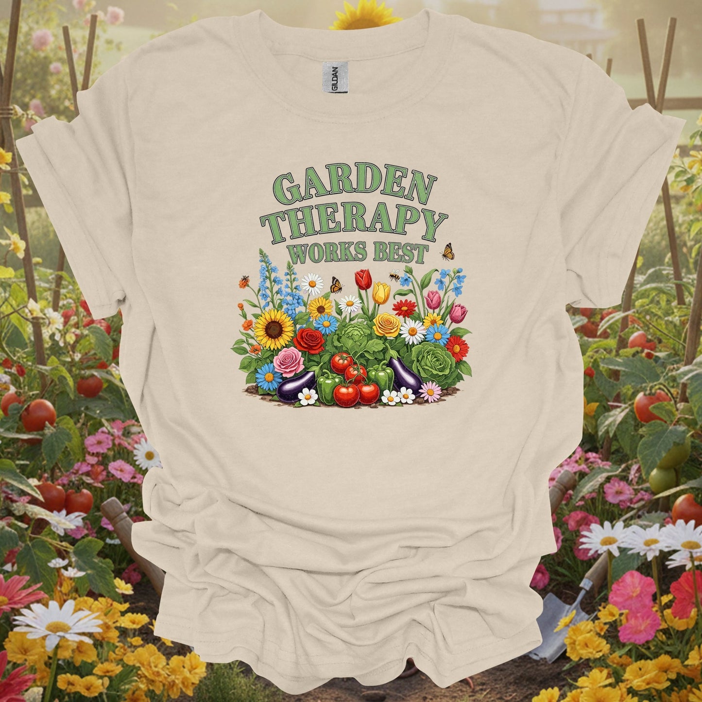Natural tshirt showing garden therapy works best vibrant botanical for people who love plants