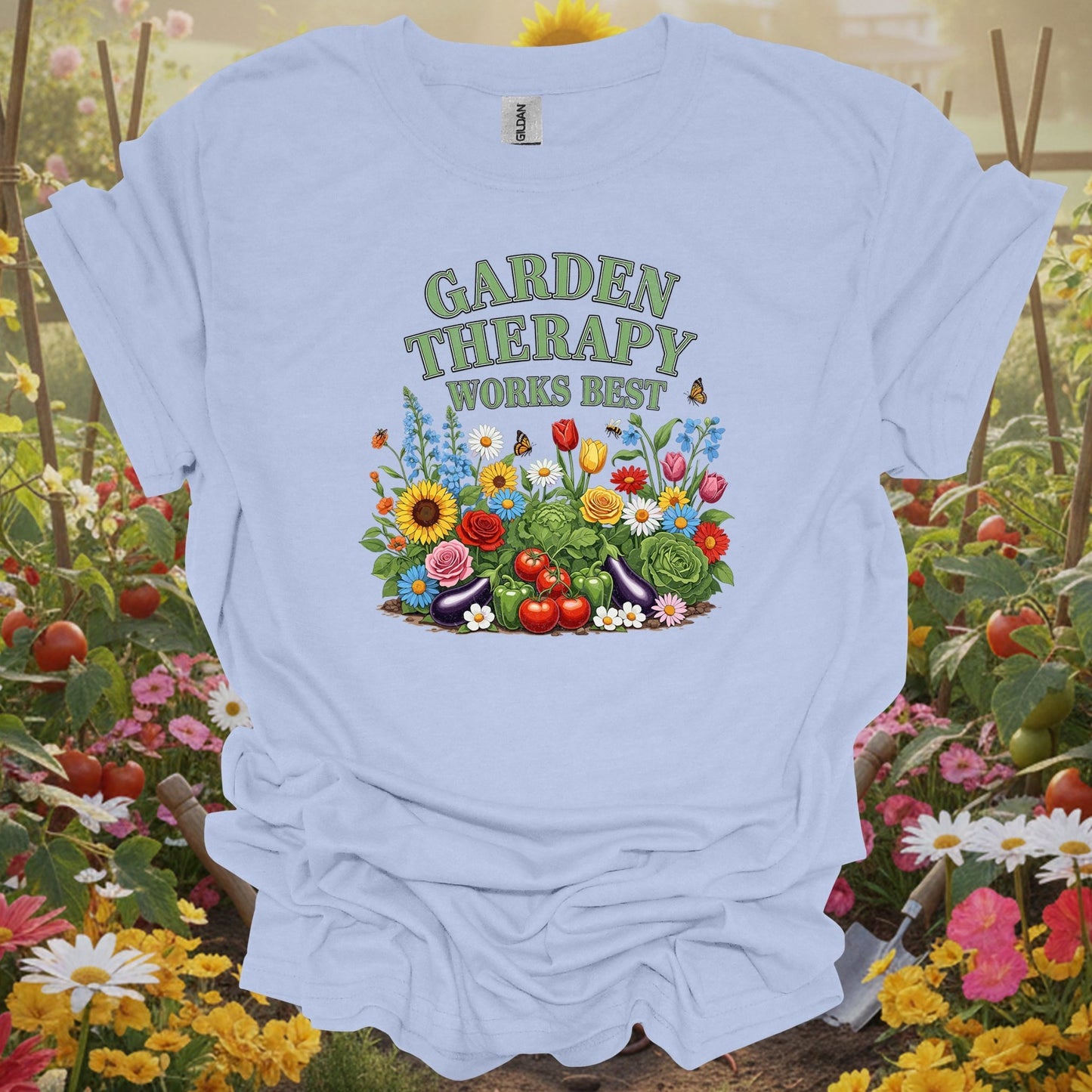 Light Blue tshirt showing garden therapy works best vibrant botanical for gardening enthusiasts