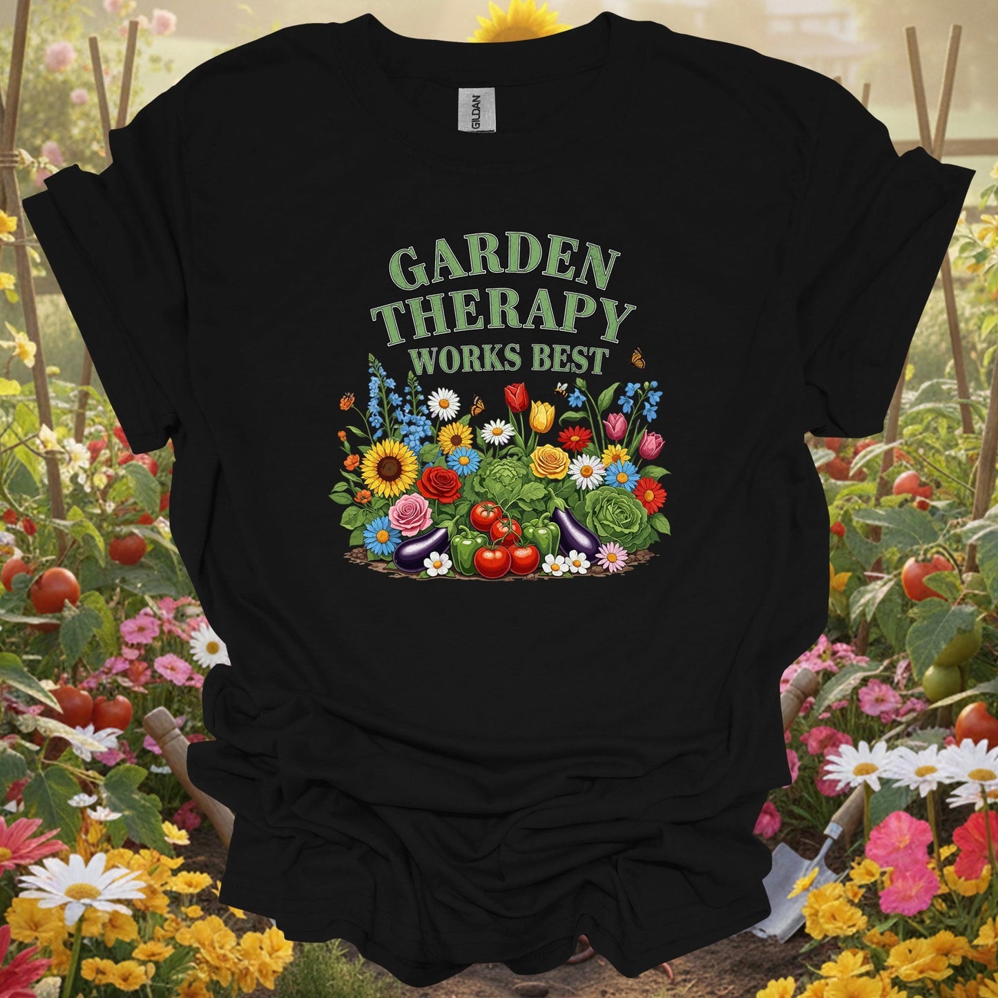 Black shirt showing garden therapy works best vibrant botanical for outdoor enthusiasts