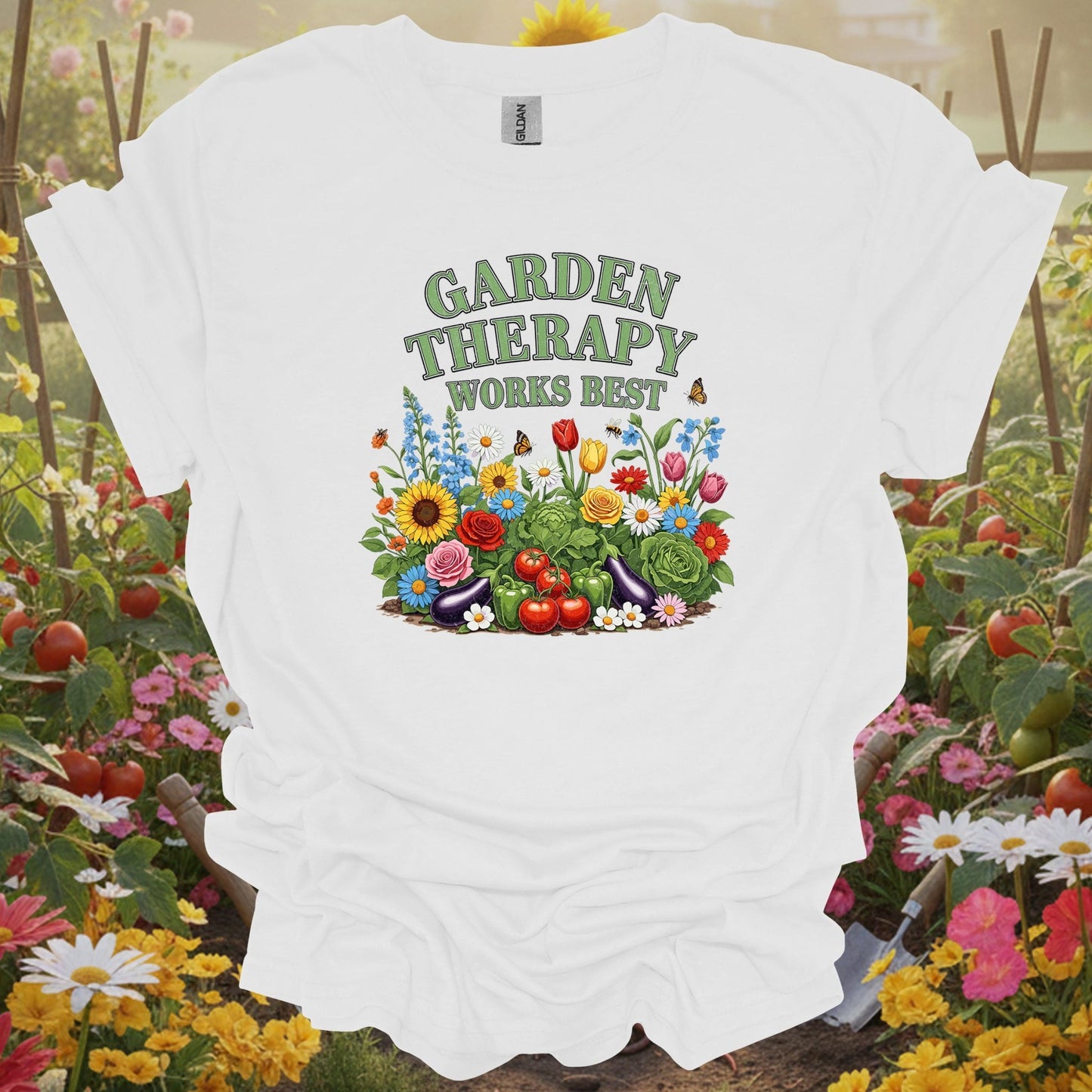 White tee showing garden therapy works best vibrant botanical for garden hobbyists
