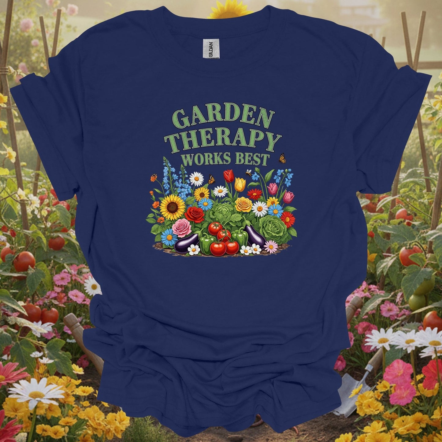 Navy shirt showing garden therapy works best vibrant botanical for home gardeners