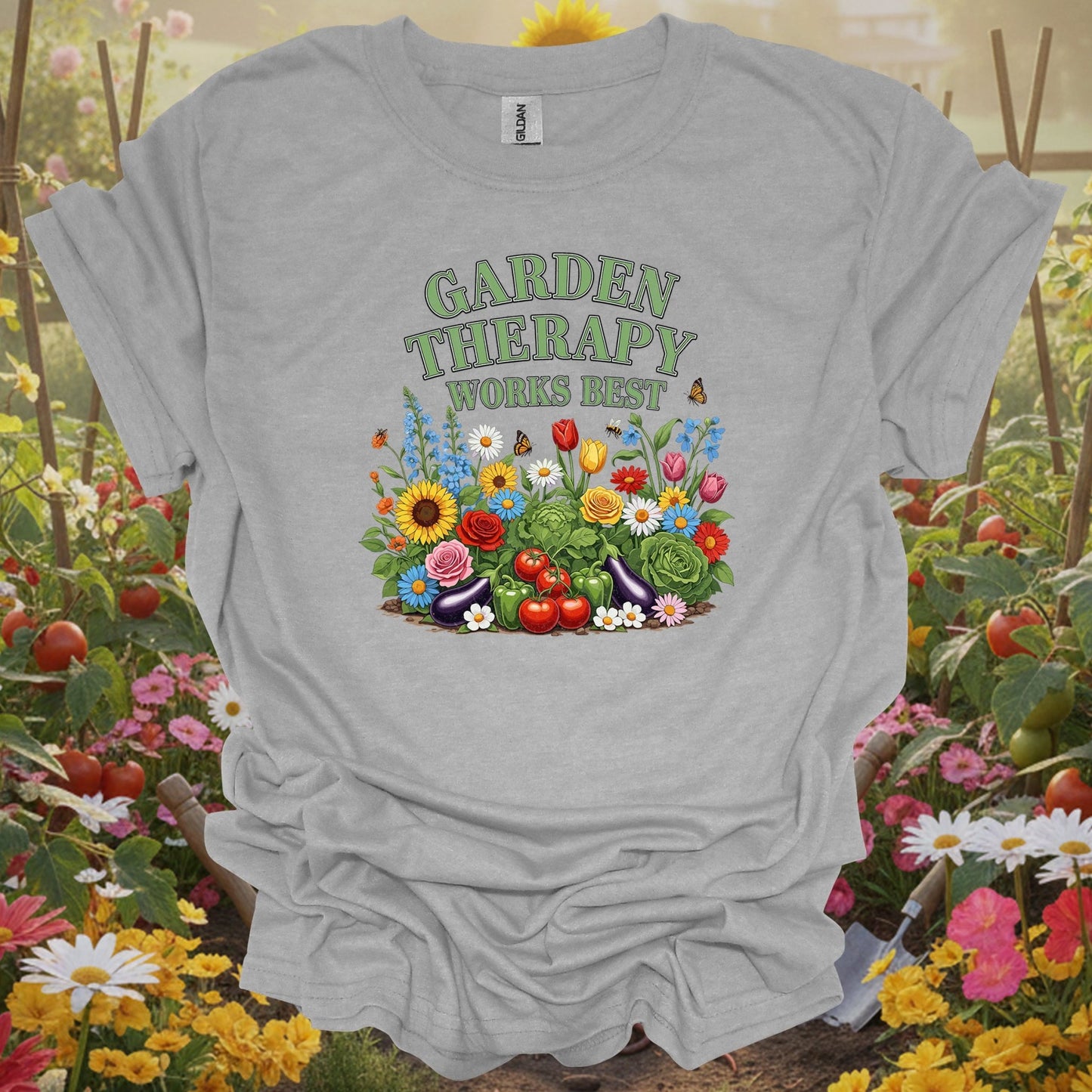 Sport Grey tshirt showing garden therapy works best vibrant botanical for backyard growers