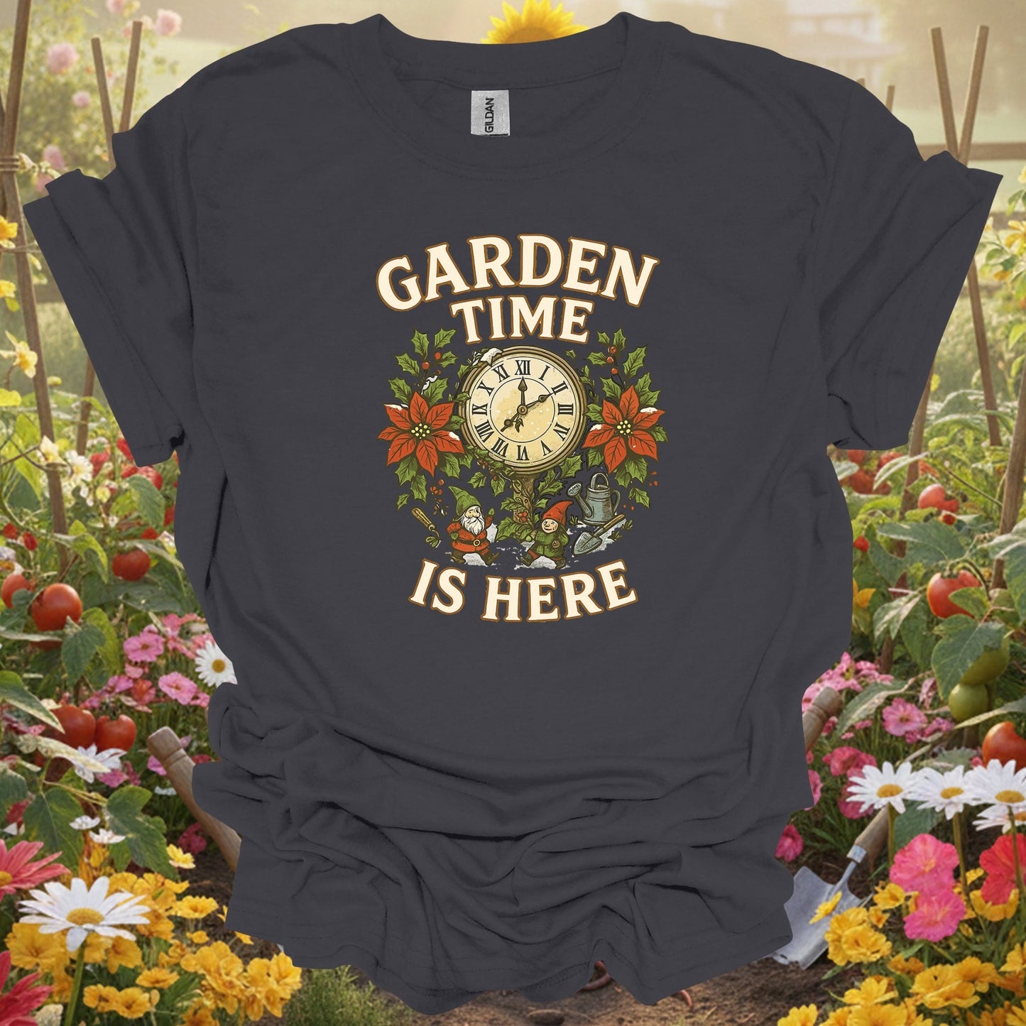 "Garden Time Is Here" Christmas Gnome T-Shirt - GardeningTshirts