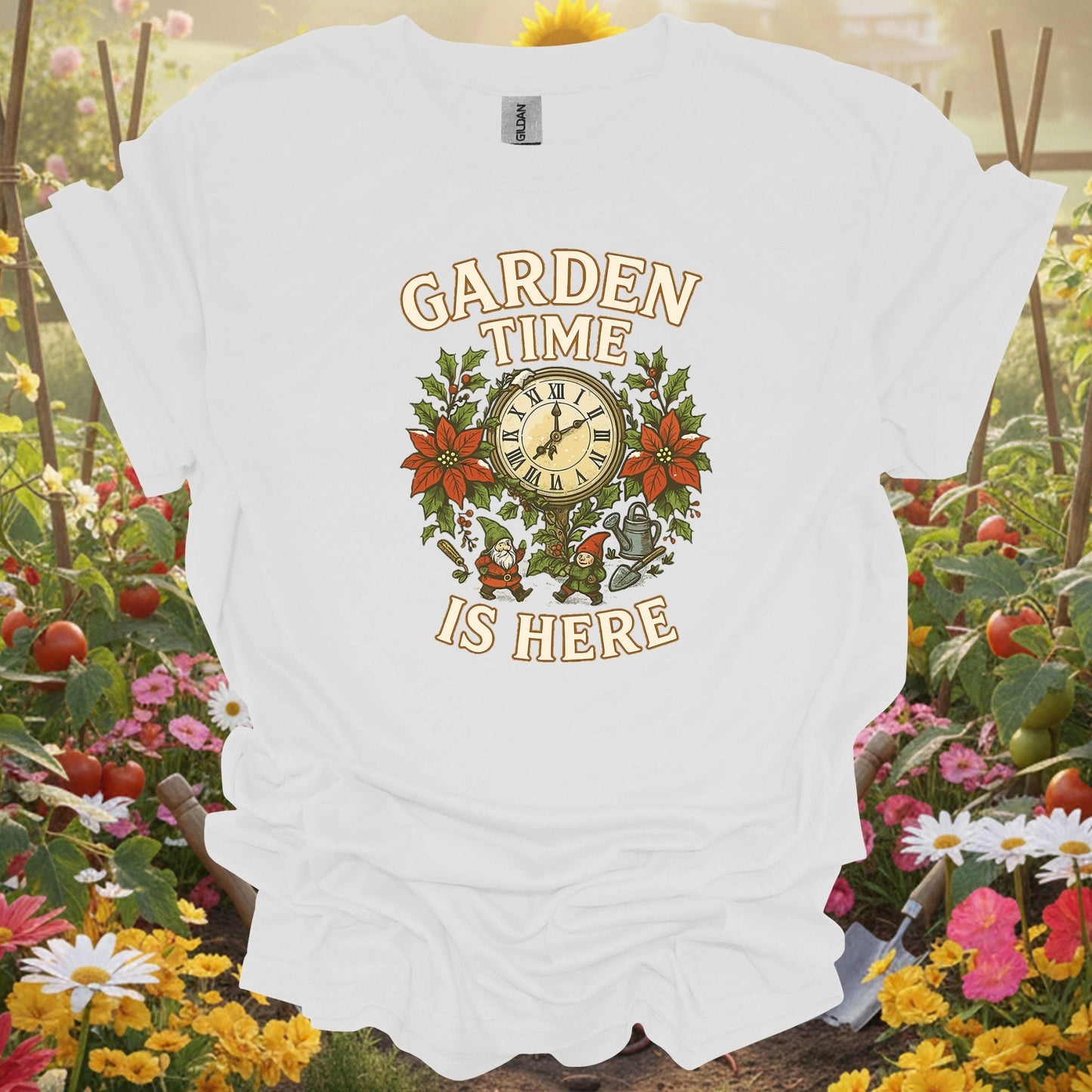 "Garden Time Is Here" Christmas Gnome T-Shirt - GardeningTshirts