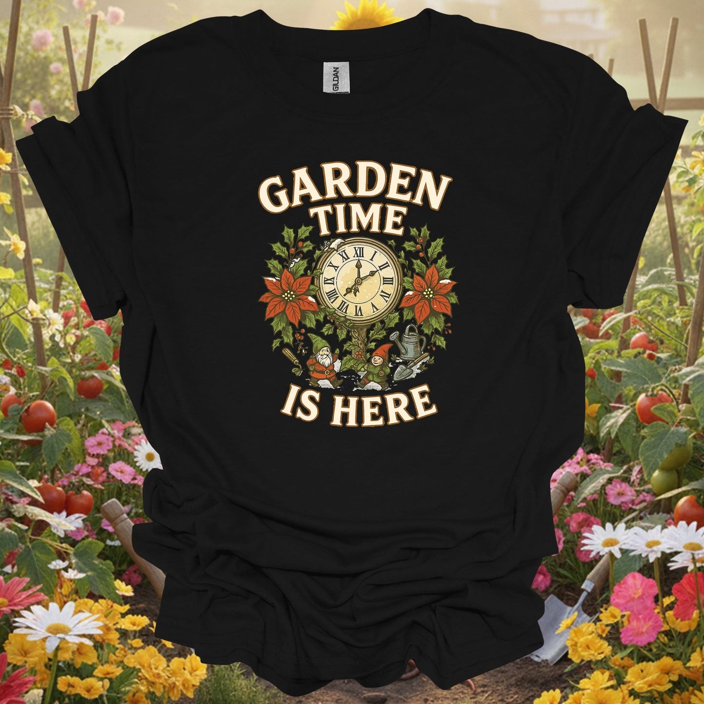 "Garden Time Is Here" Christmas Gnome T-Shirt - GardeningTshirts