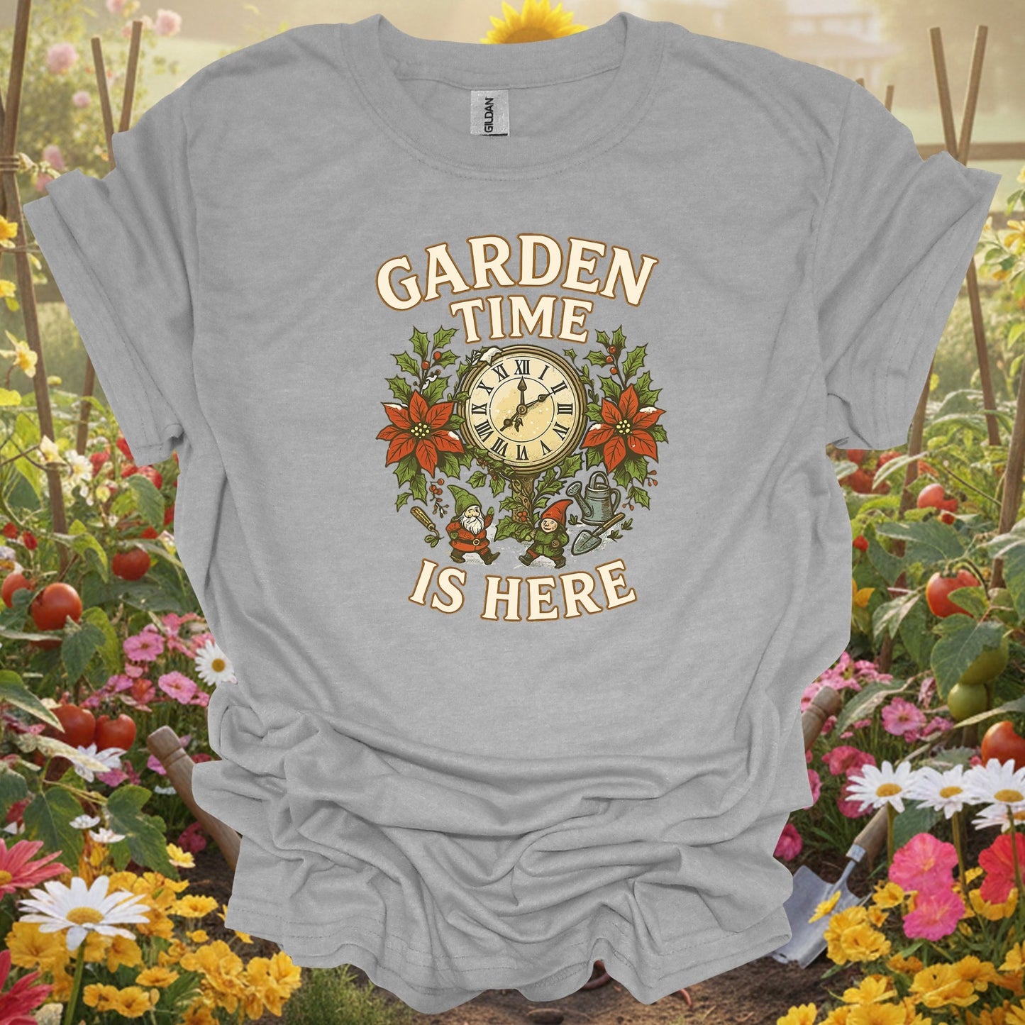 "Garden Time Is Here" Christmas Gnome T-Shirt - GardeningTshirts