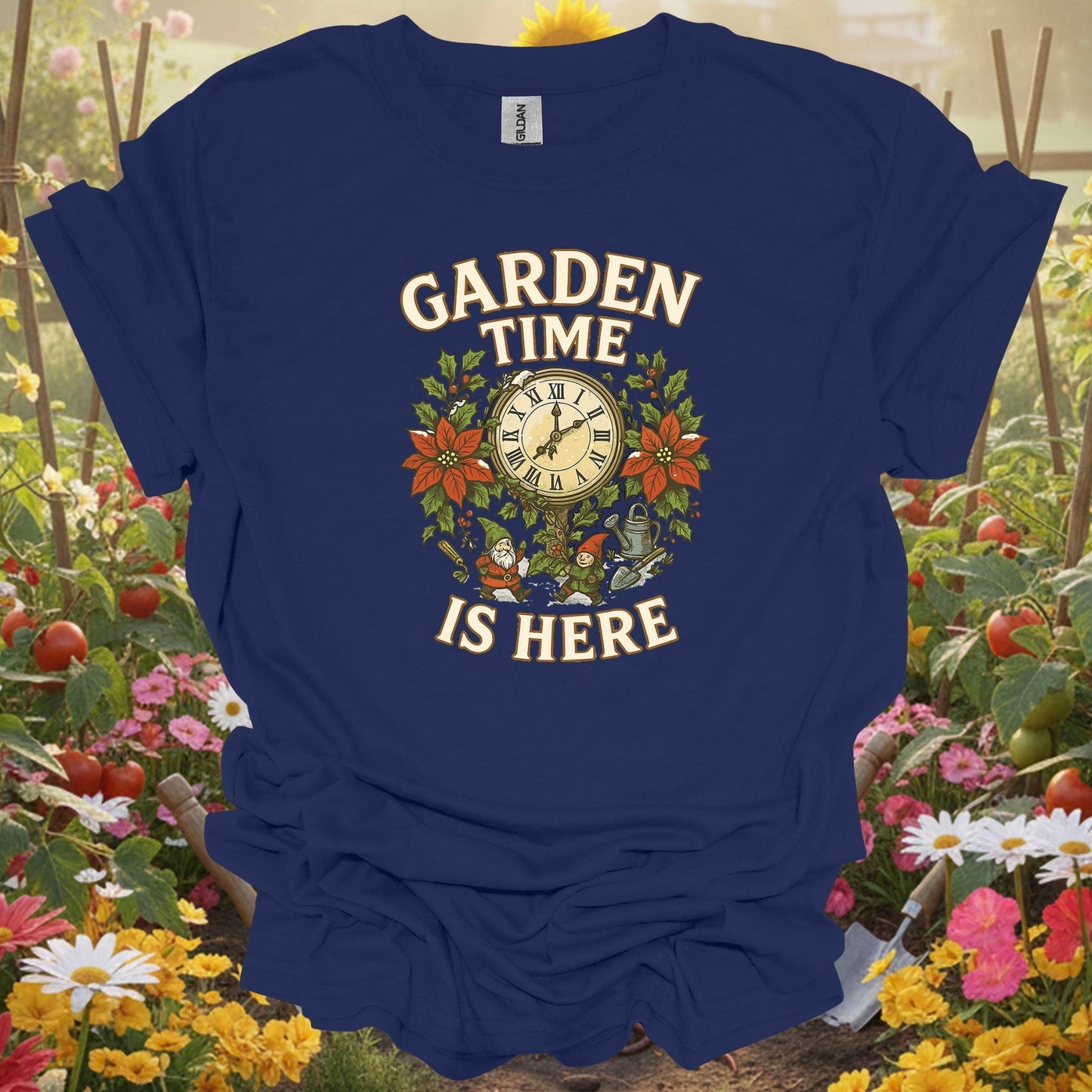 "Garden Time Is Here" Christmas Gnome T-Shirt - GardeningTshirts